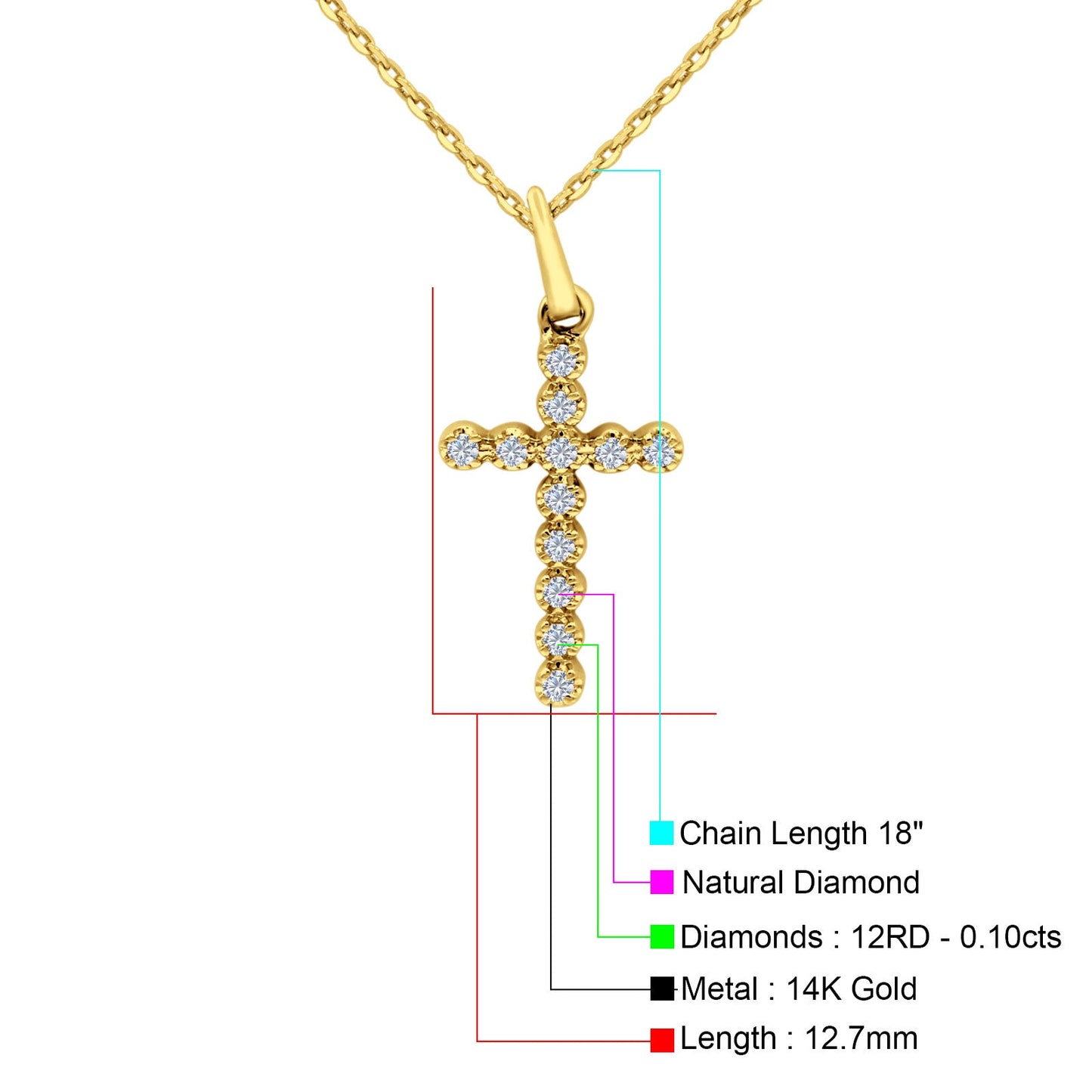 14K Yellow Gold 0.10ct Round Shape Diamond Cross Pendant Chain Necklace 18" Long