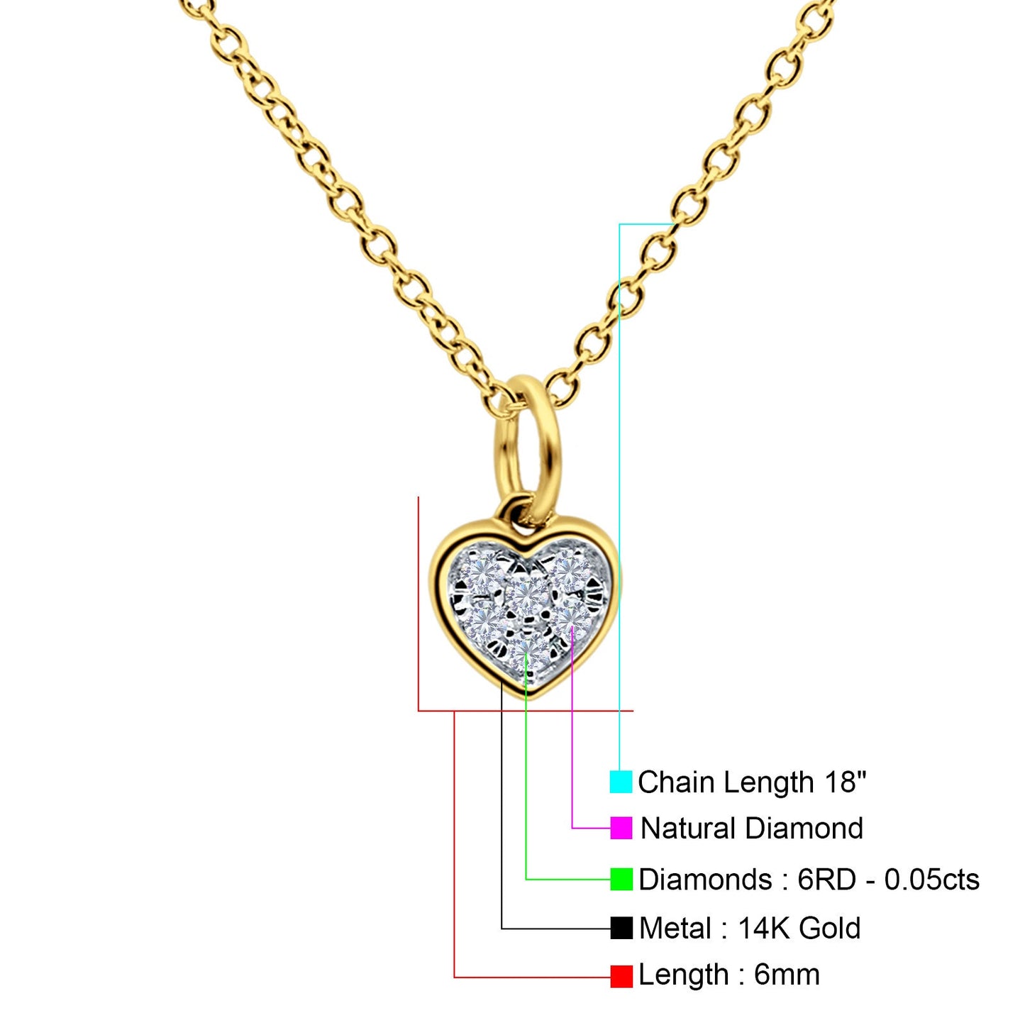 14K Yellow Gold 0.05ct Round Shape Diamond Heart Pendant Chain Necklace 18" Long