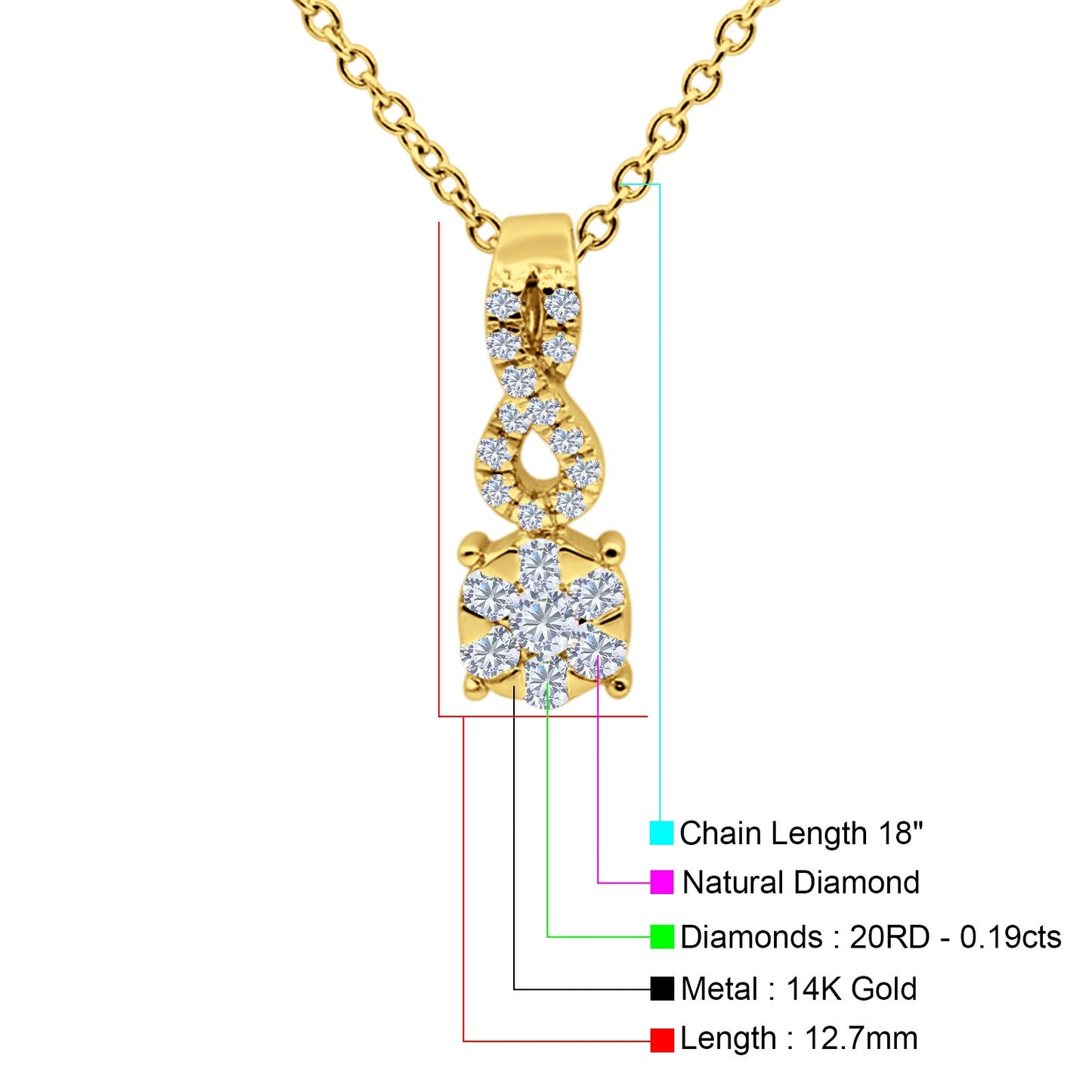 14K Yellow Gold 0.19ct Infinity Round Shape Diamond Drop Pendant Chain Necklace 18" Long