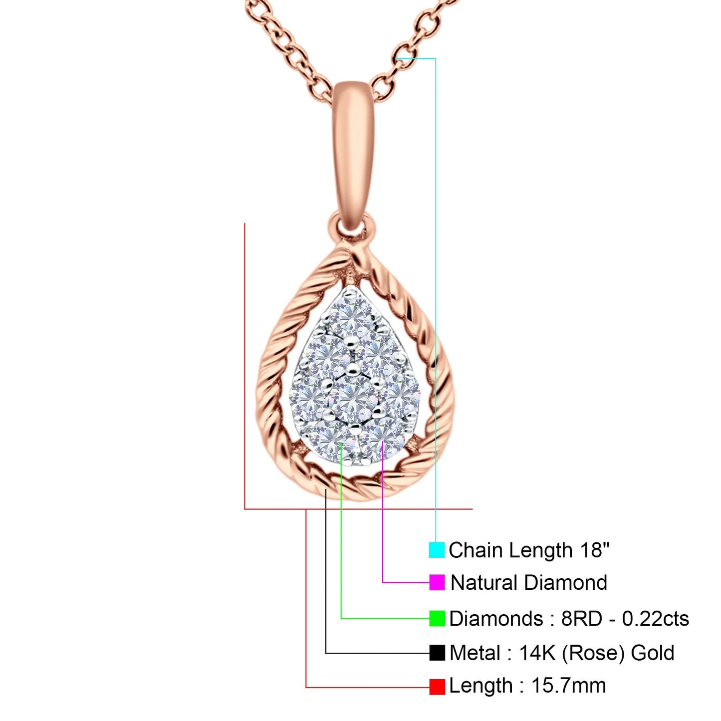 14K Rose Gold 0.22ct Round Shape Diamond Pendant Chain Necklace 18 Inch Long