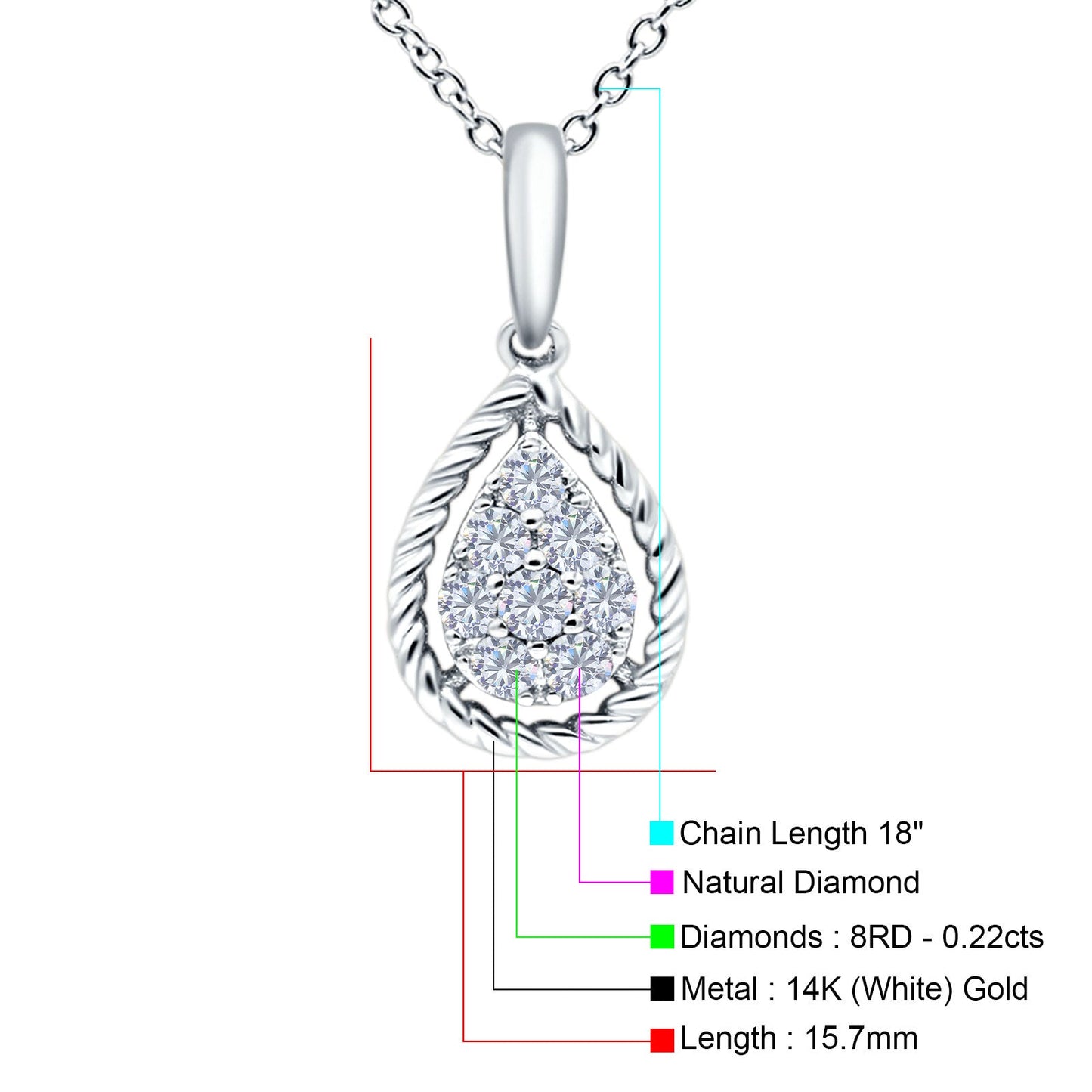 14K White Gold 0.22ct Round Shape Diamond Pendant Chain Necklace 18" Long