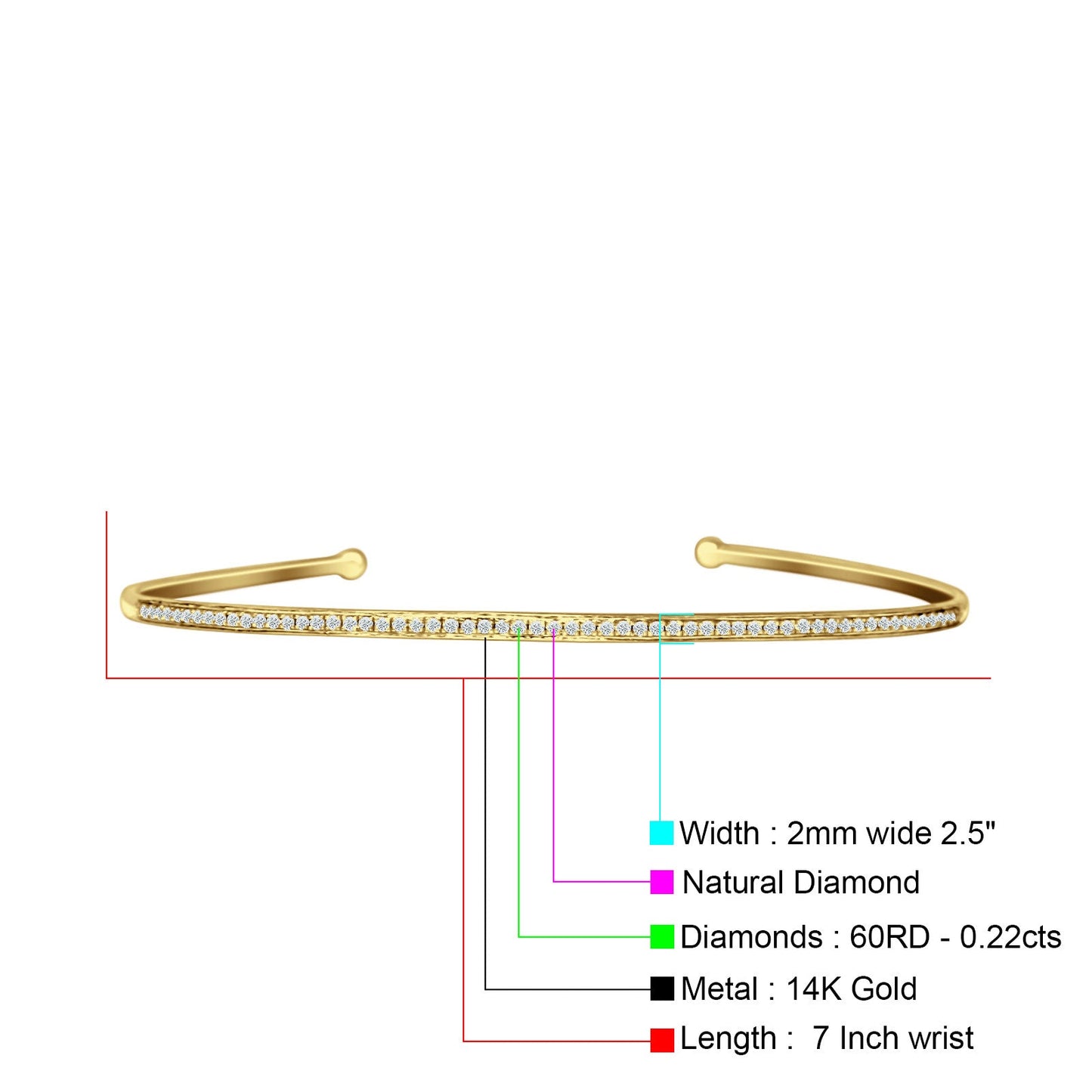 14K Yellow Gold 7 Inch Open Bangle Round Natural Diamond Cuff Bracelet Wholesale