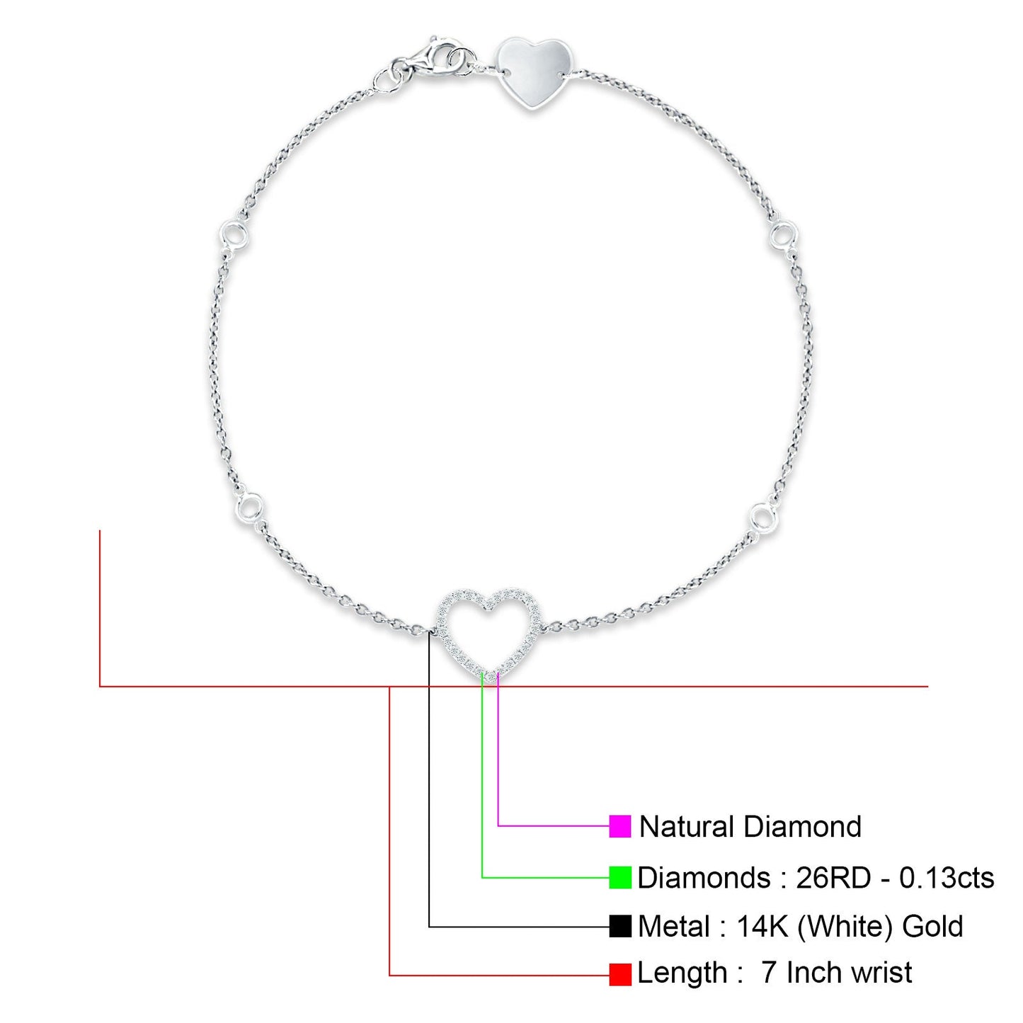 14K White Gold 7InchOpen Heart Bracelet Round Natural Diamond Wholesale