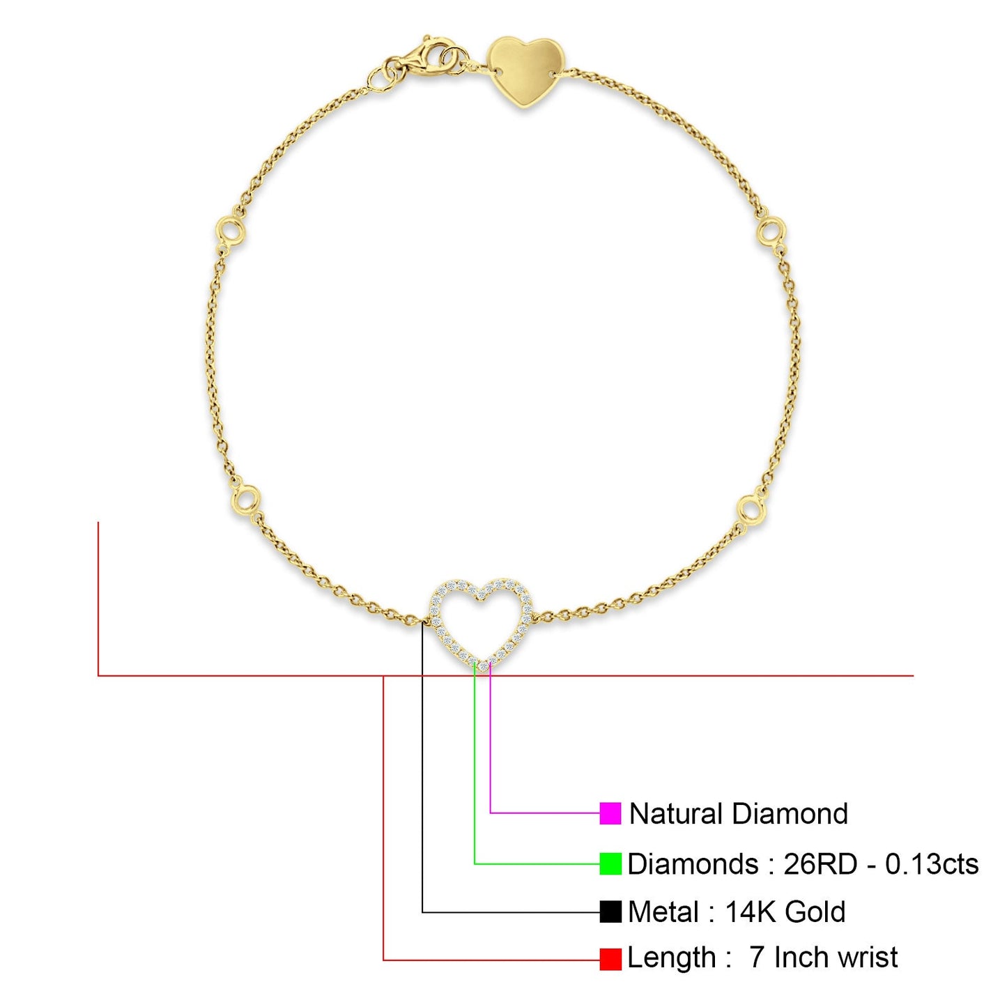 14K Yellow Gold 7 Inch Open Heart Bracelet Round Natural Diamond Wholesale