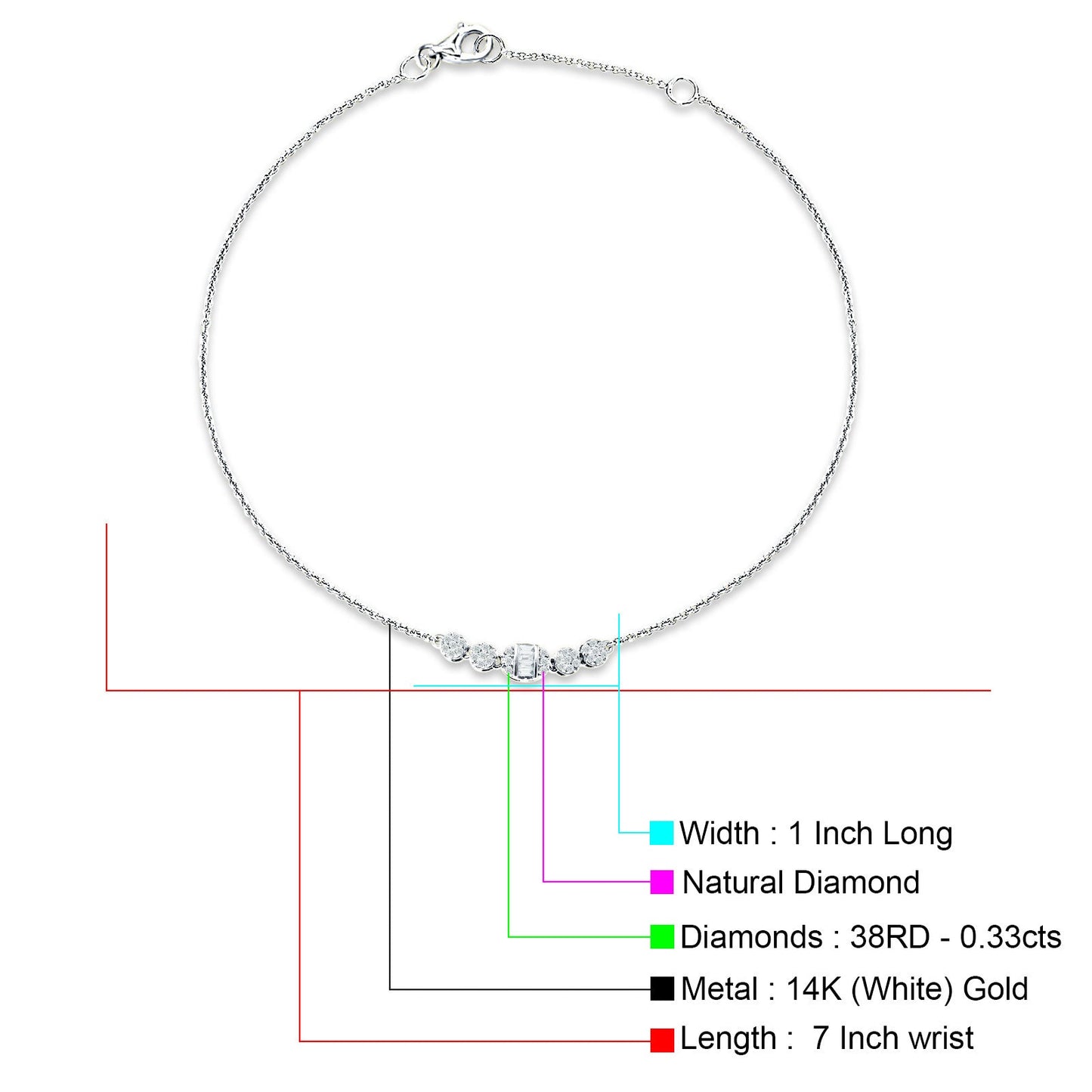 14K White Gold 7Inches Link Chain Five Circle Bracelet Round & Baguette Diamond Wholesale