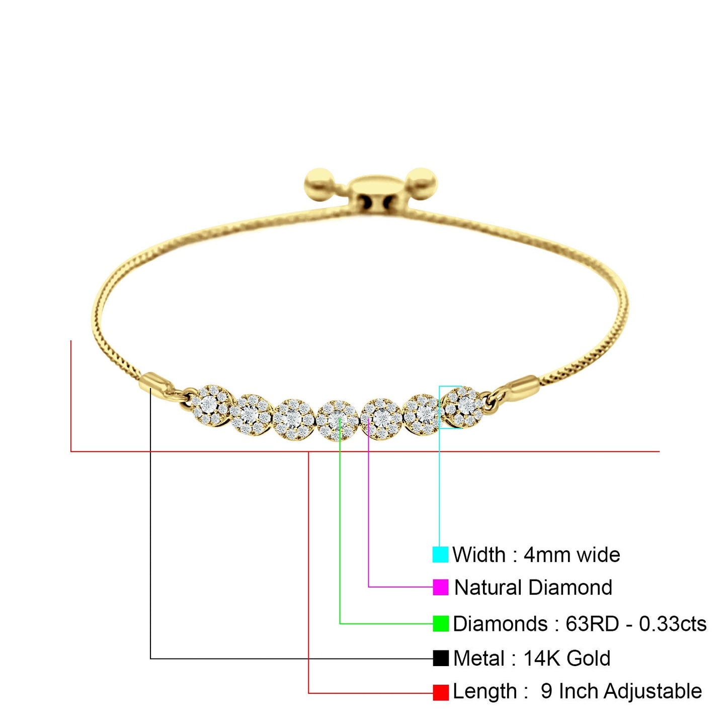 14K Yellow Gold 9" Twist Rope Chain Round Natural Diamond Adjustable Bracelet Wholesale