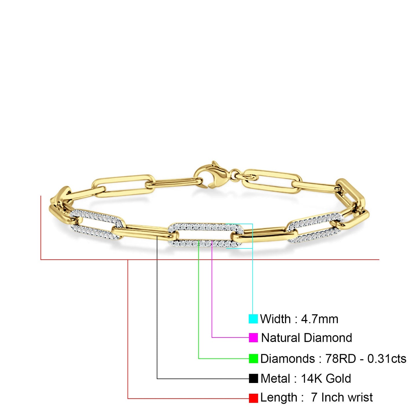 14K Yellow Gold 7 Inch Link Chain Paperclip Bracelet Round Natural Diamond Wholesale