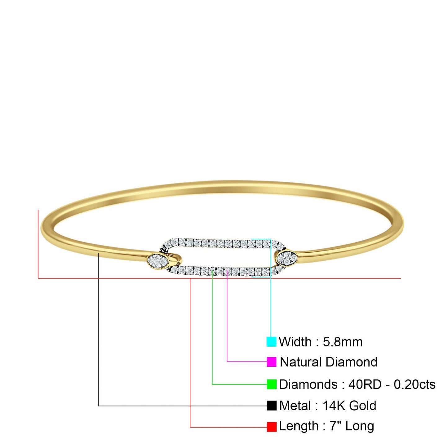 14K Yellow Gold 7Inches Open 5.8mm Rectangle Bangle Bracelet Round Natural Diamond Wholesale