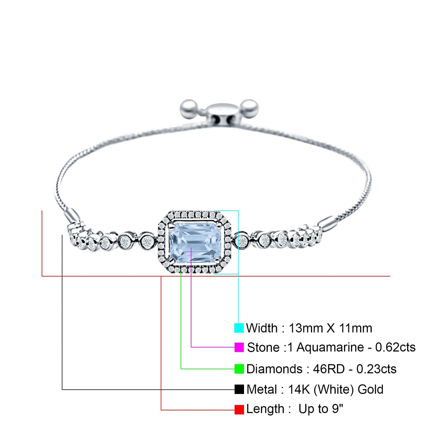 14K White Gold Emerald Cut Aquamarine Adjustable Bolo Chain Bracelet Natural Diamond Wholesale