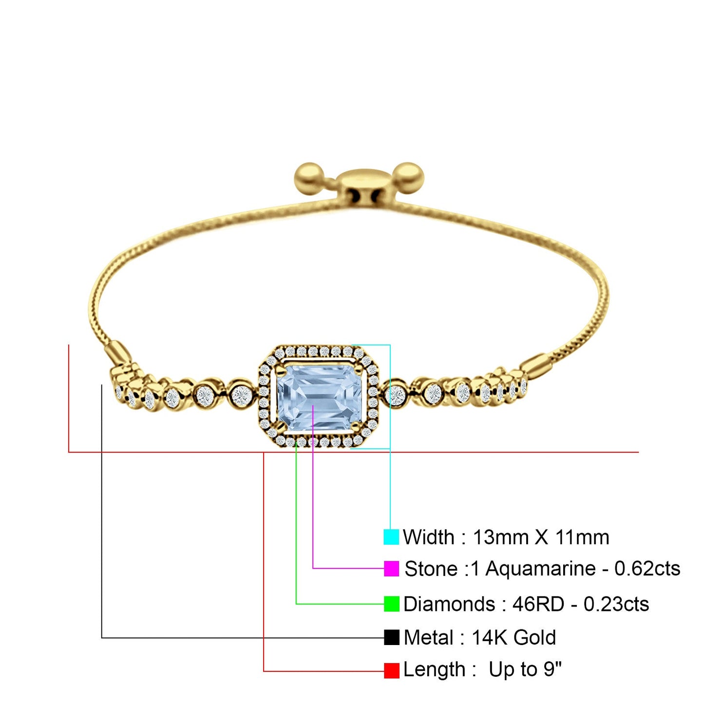 14K Yellow Gold Emerald Cut Aquamarine Adjustable Bolo Chain Bracelet Natural Diamond Wholesale