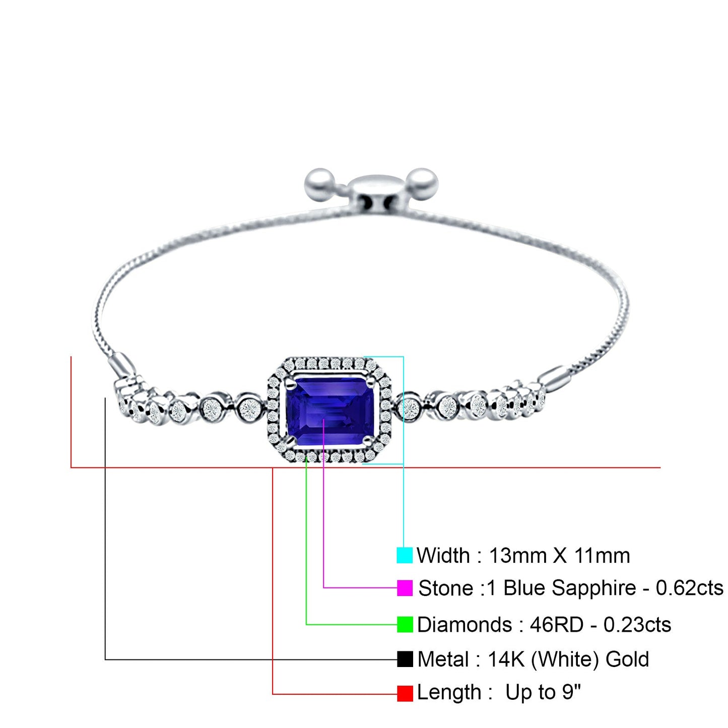 14K White Gold Emerald Cut Blue Sapphire Adjustable Bolo Chain Bracelet Natural Diamond Wholesale