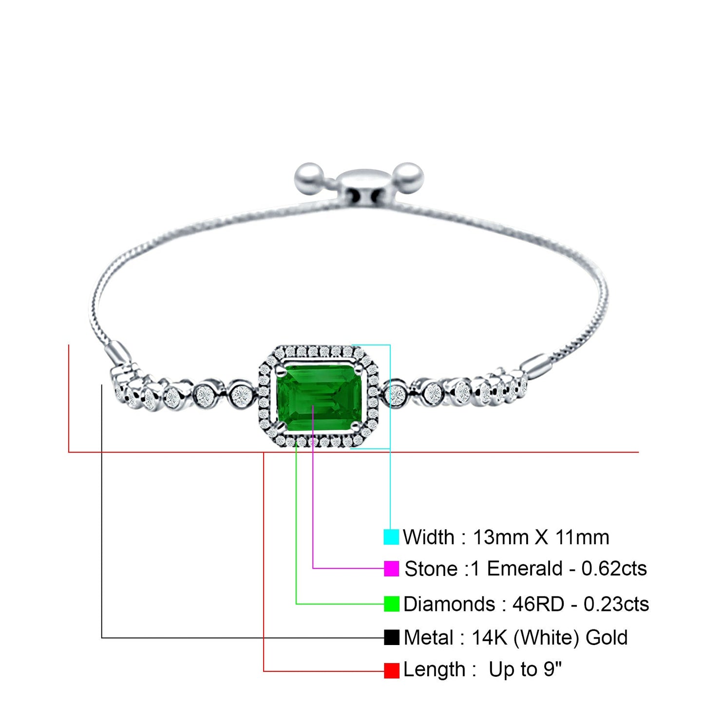 14K White Gold Emerald Cut Green Emerald Adjustable Bolo Chain Bracelet Natural Diamond Wholesale