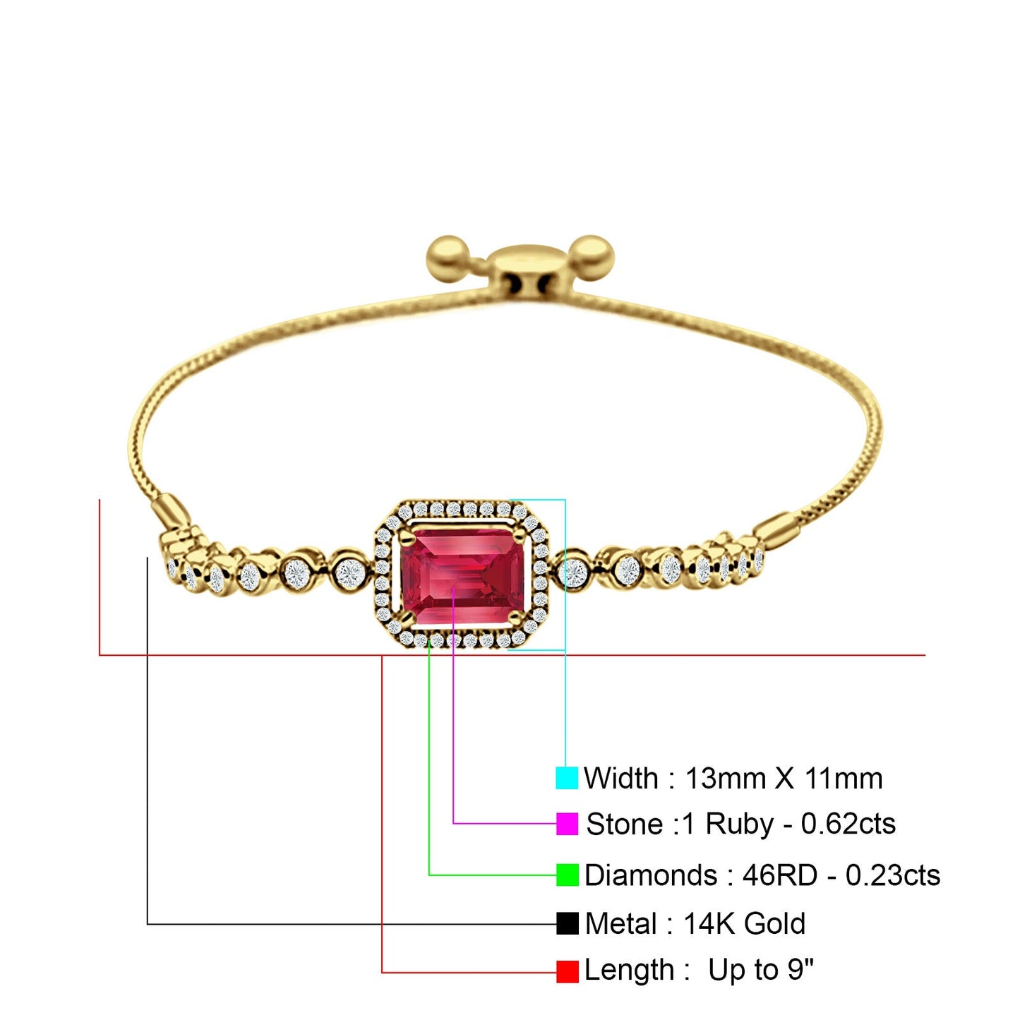 14K Yellow Gold Emerald Cut Ruby Adjustable Bolo Chain Bracelet Natural Diamond Wholesale