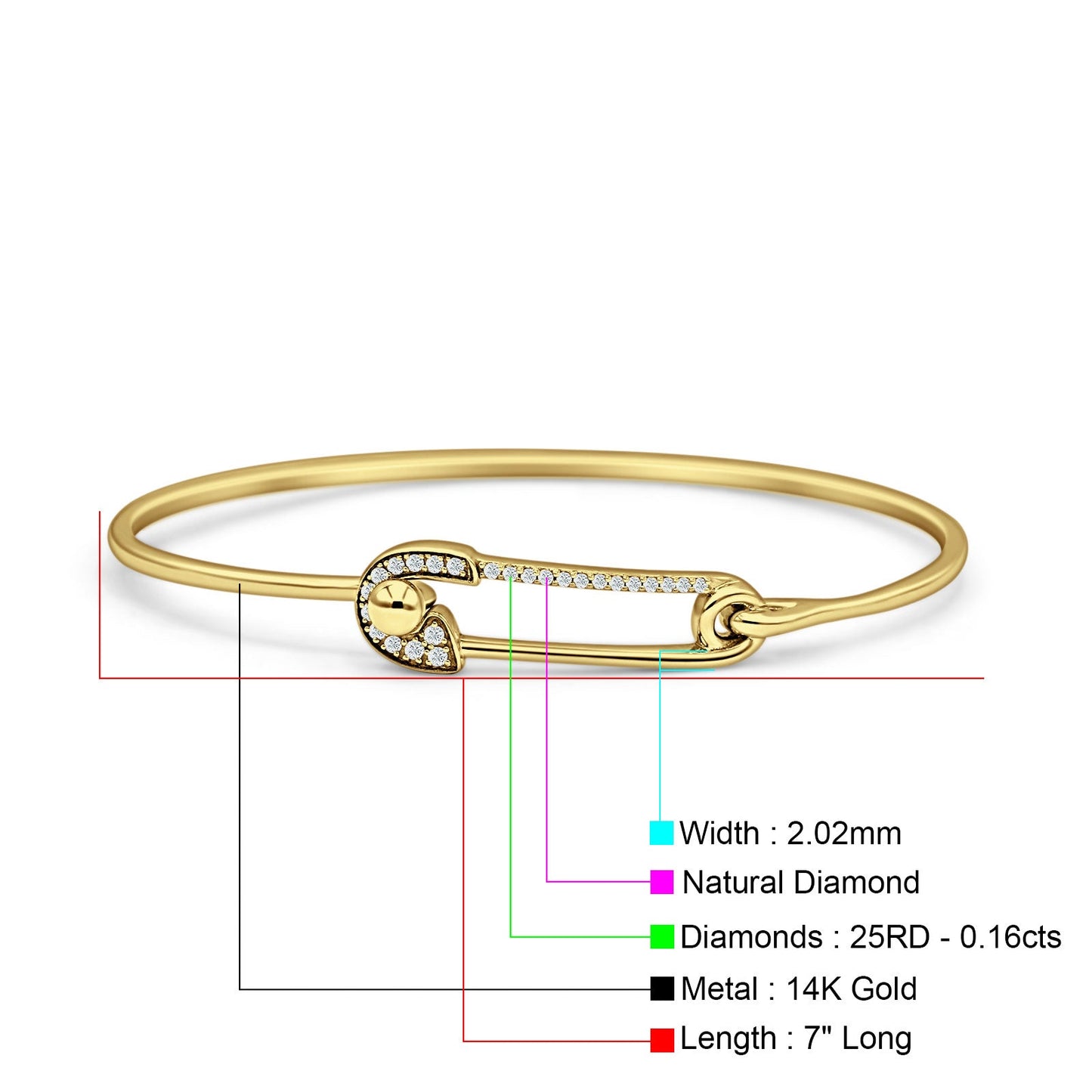 14K Yellow Gold 7" Safety Pin Bangle Bracelet 2.02mm Round Natural Diamond Wholesale