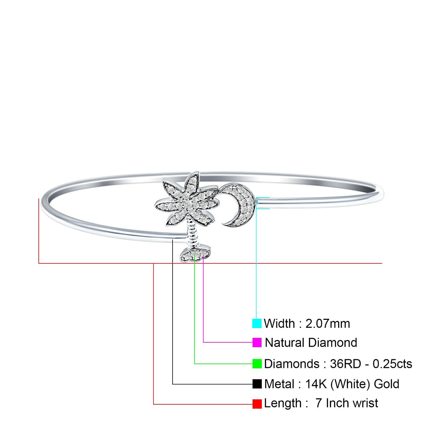 14K White Gold 7" Palm Tree & Moon Bangle Round Natural Diamond Bracelet Wholesale