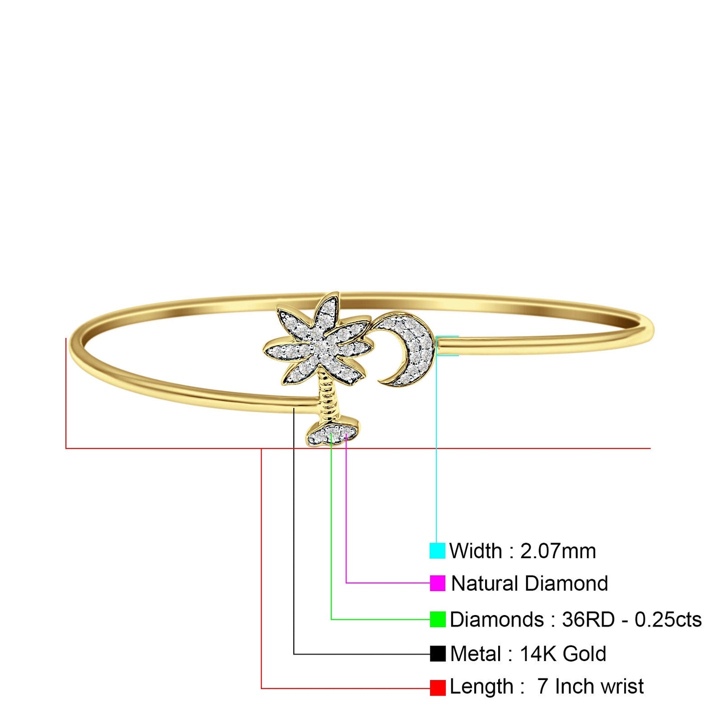 14K Yellow Gold 7 Palm Tree & Moon Bangle Round Natural Diamond Bracelet Wholesale