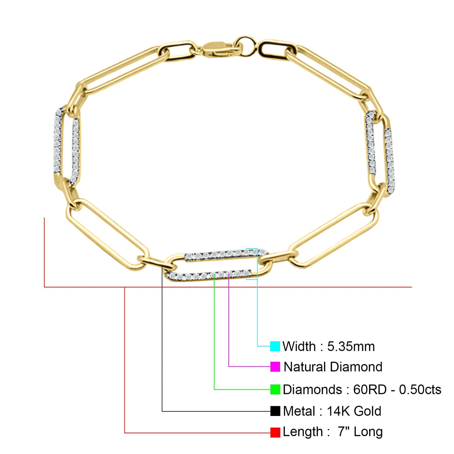 14K Yellow Gold Paperclip Link Chain Bracelet Natural Round Diamond Wholesale