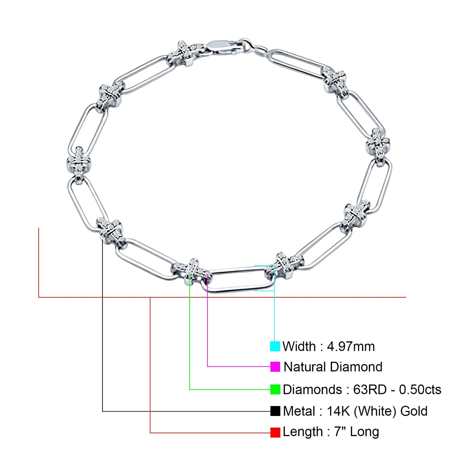 14K White Gold Paperclip Style Cross Design Round Natural Diamond Bracelet Wholesale