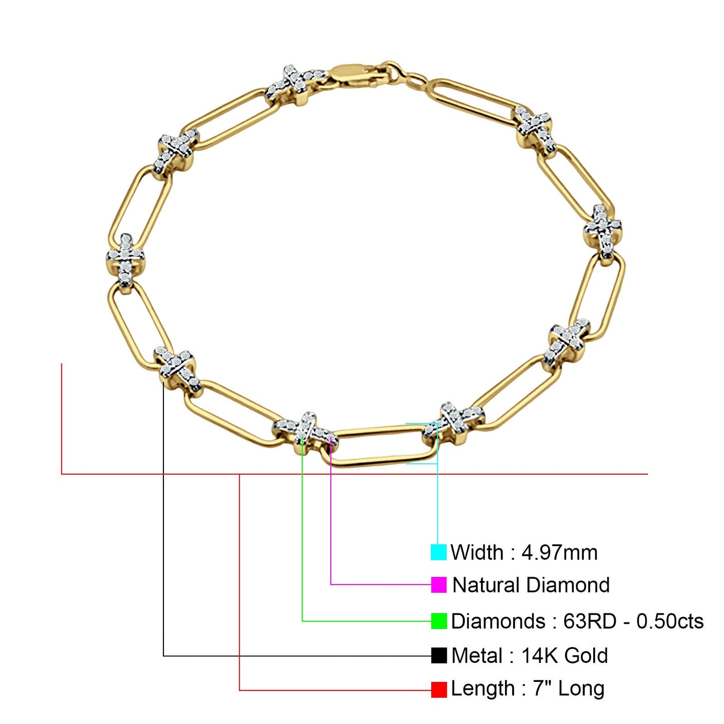 14K Yellow Gold Paperclip Style Cross Design Round Natural Diamond Bracelet Wholesale