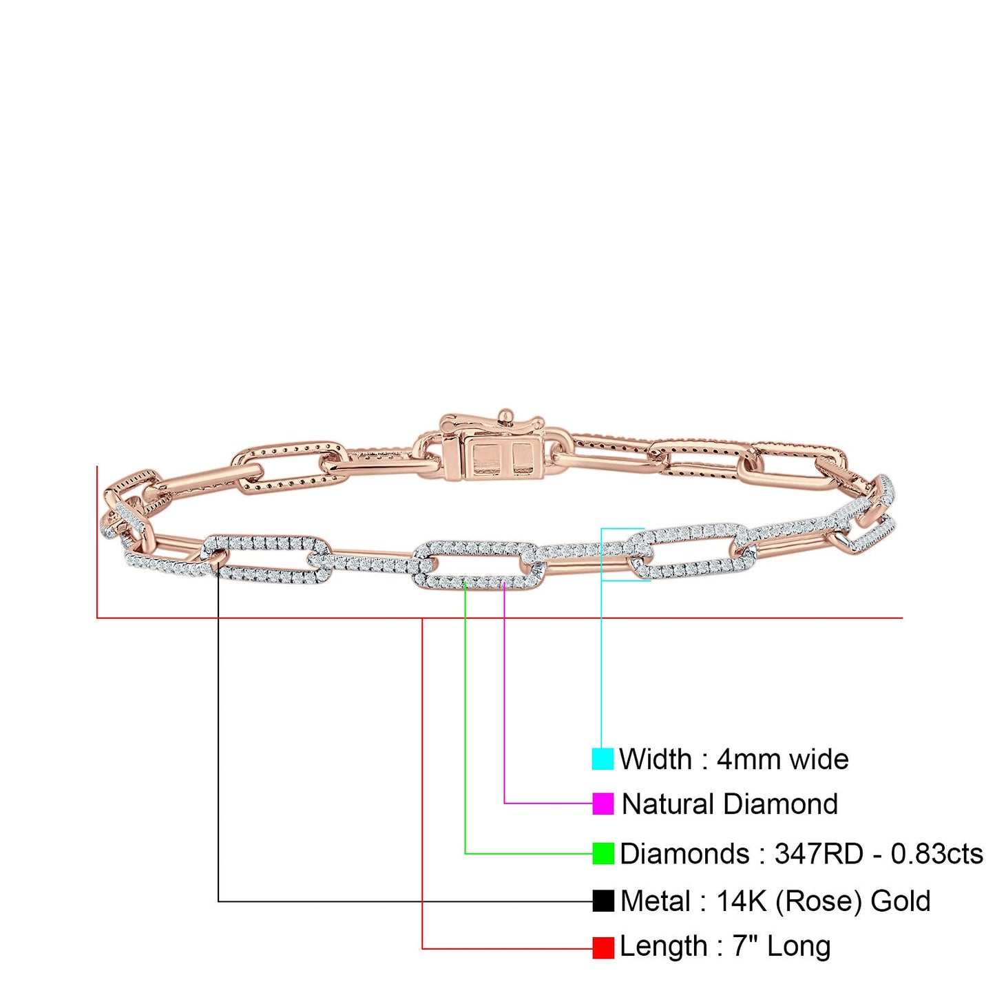 14K Rose Gold 4mm Paperclip Bracelet Interlock Round Natural Diamond Wholesale