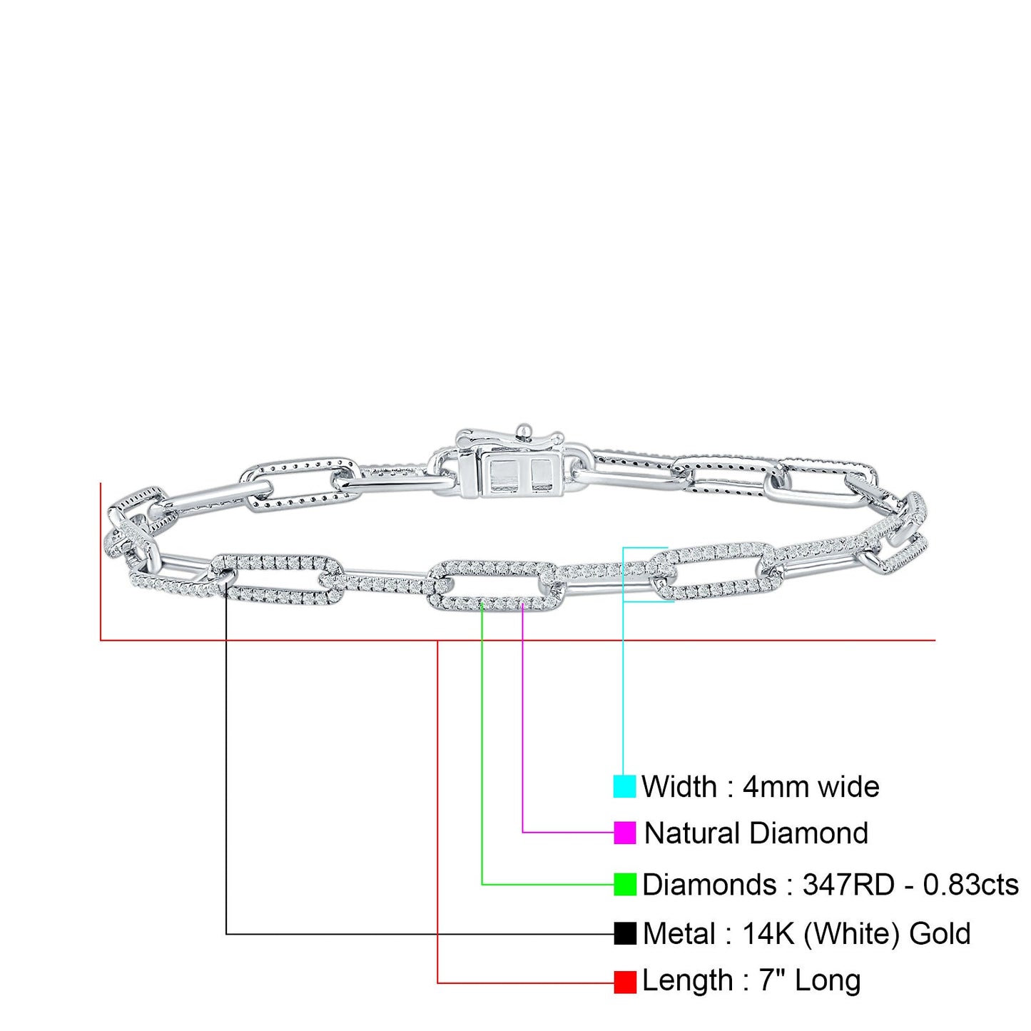 14K White Gold 4mm Paperclip Bracelet Interlock Round Natural Diamond Wholesale