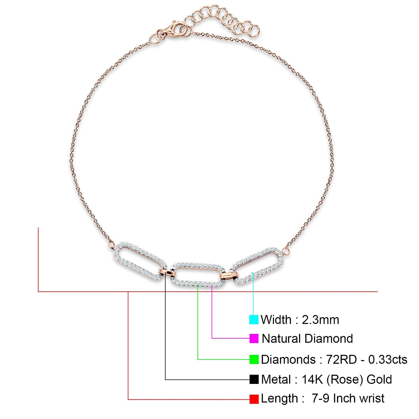 14K Rose Gold 7-9 Inch Paperclip Link Chain Bracelet Round Natural Diamond Wholesale