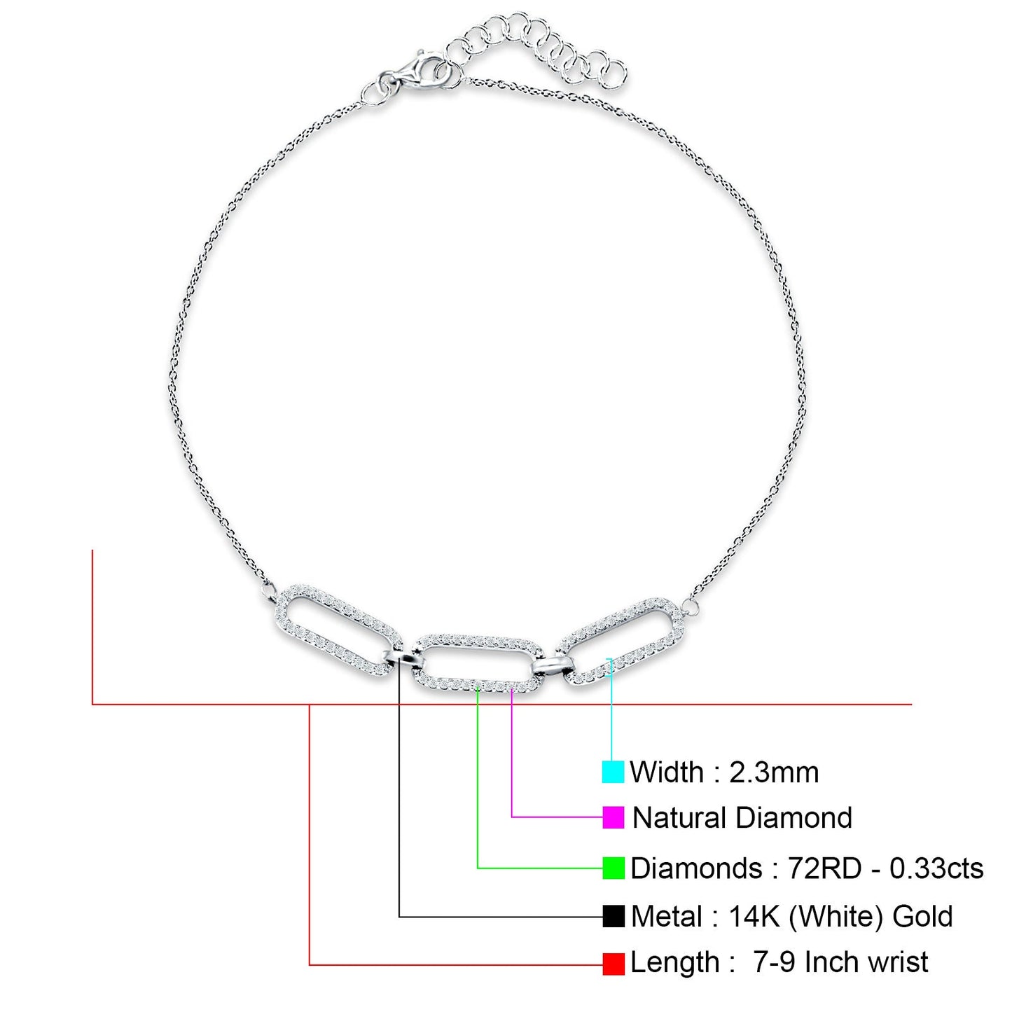 14K White Gold 7-9 Inches Paperclip Link Chain Bracelet Round Natural Diamond Wholesale