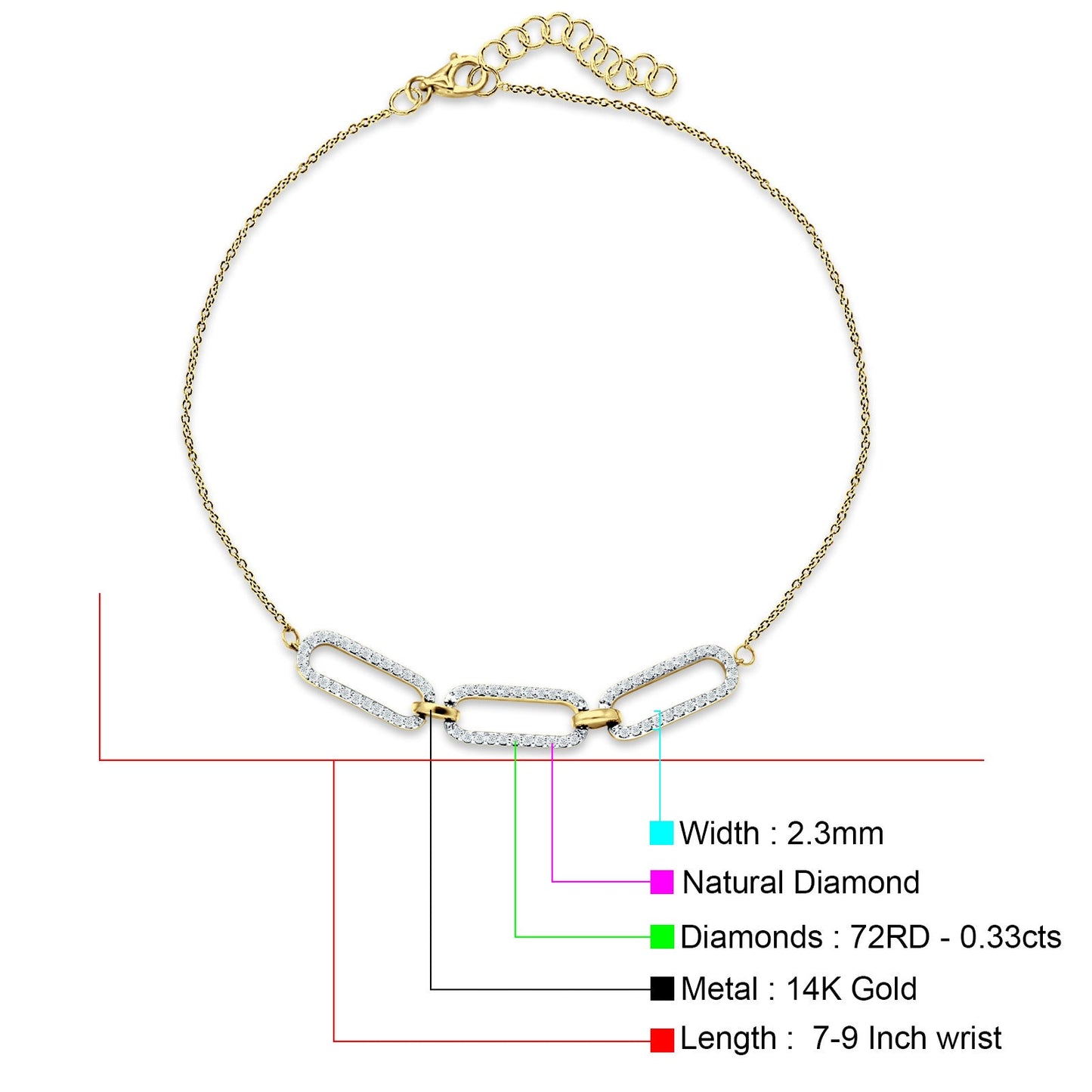 14K Yellow Gold 7-9 Inch Paperclip Link Chain Bracelet Round Natural Diamond Wholesale