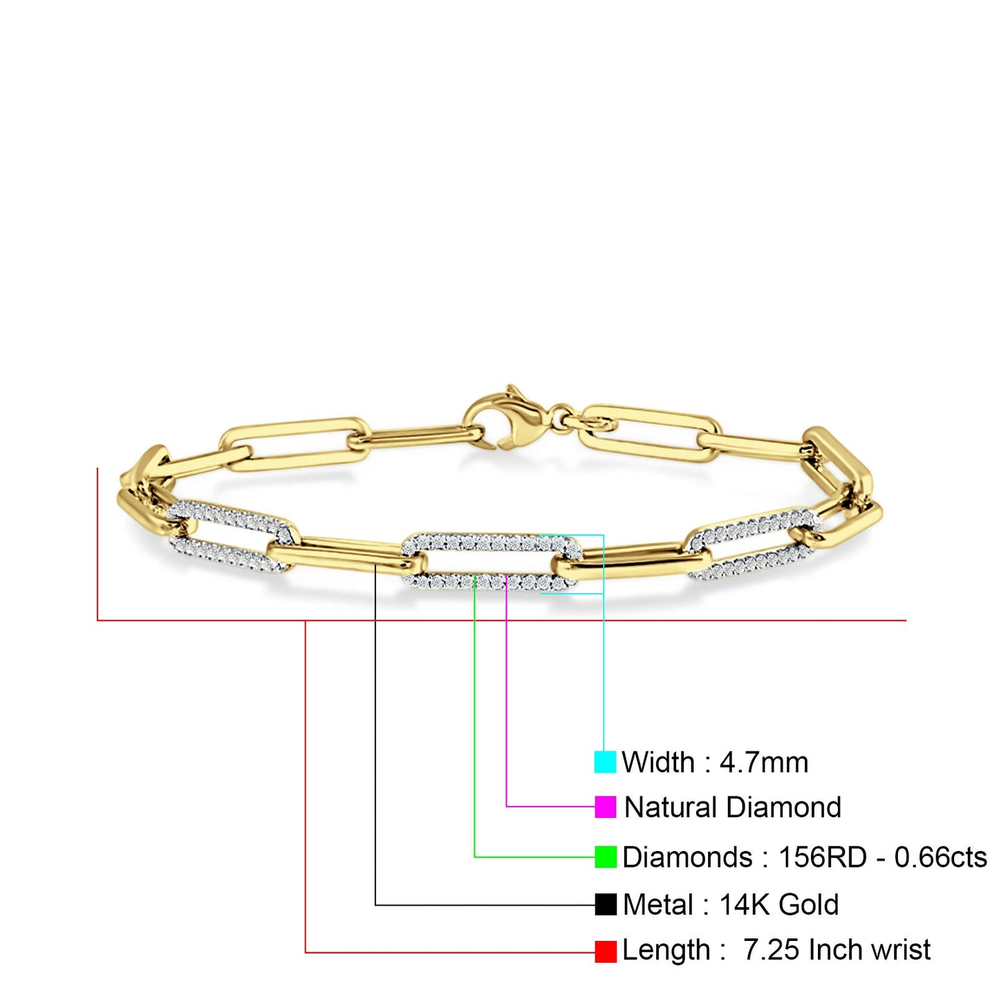 14K Yellow Gold 7.25" Link Chain Paperclip Bracelet Round Natural Diamond Wholesale