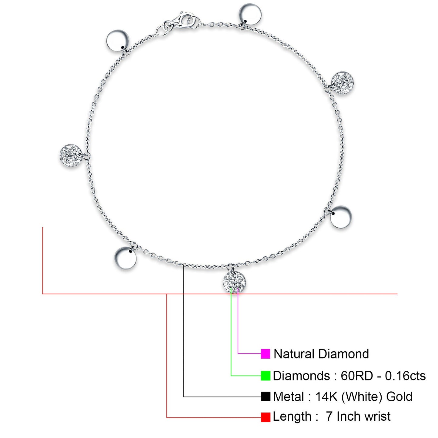 14K White Gold 7" Yard Chain Charm Bracelet Natural Diamond Wholesale