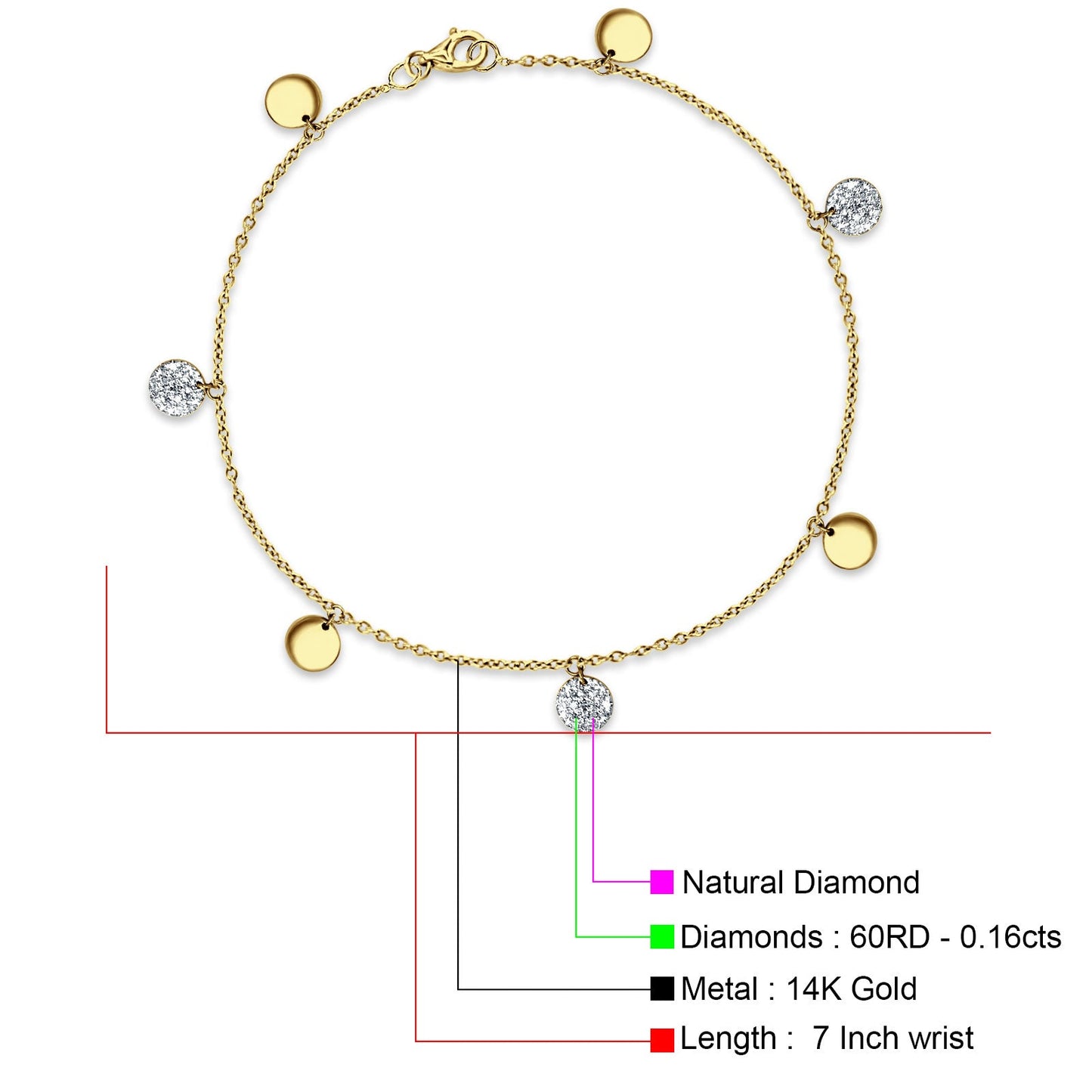 14K Yellow Gold 7" Yard Chain Charm Bracelet Natural Diamond Wholesale