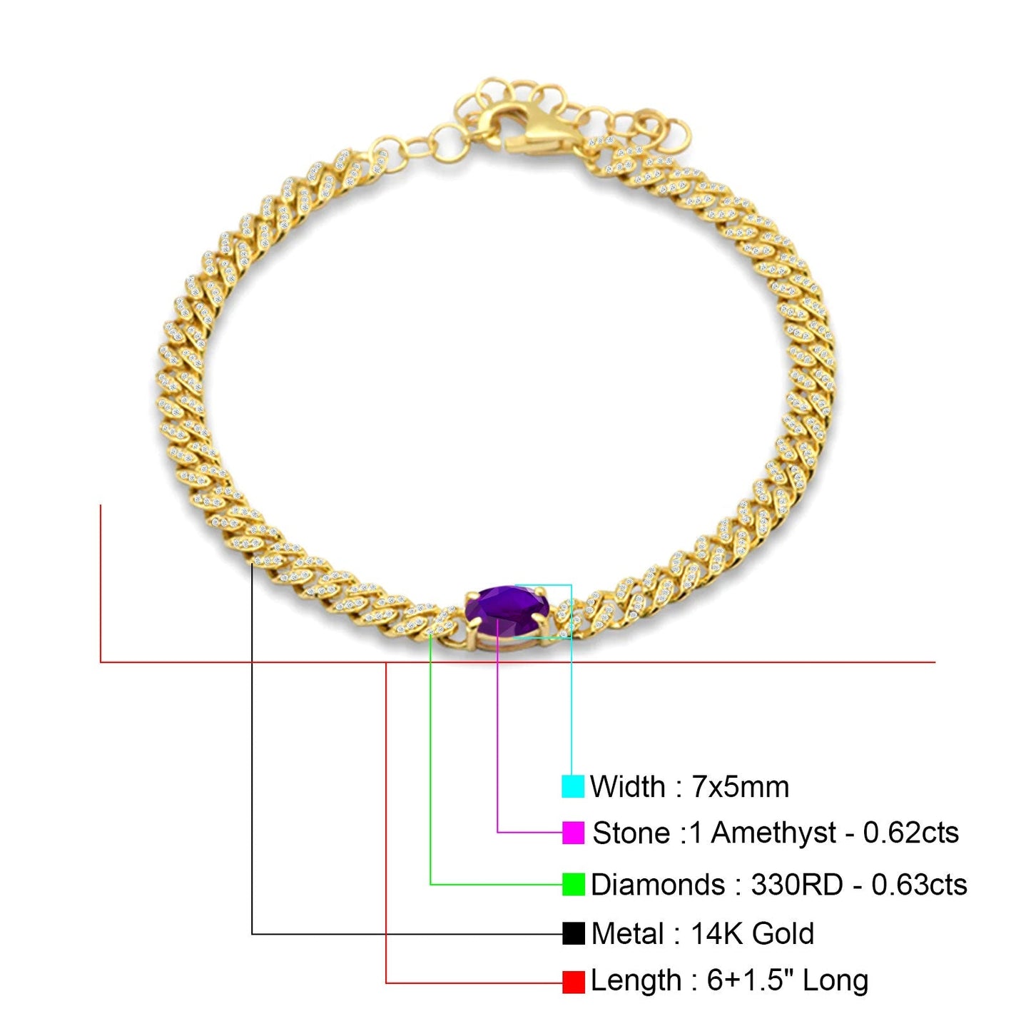 14K Yellow Gold Oval Amethyst Cluster Natural Diamond Cuban Link Chain Bracelet Wholesale