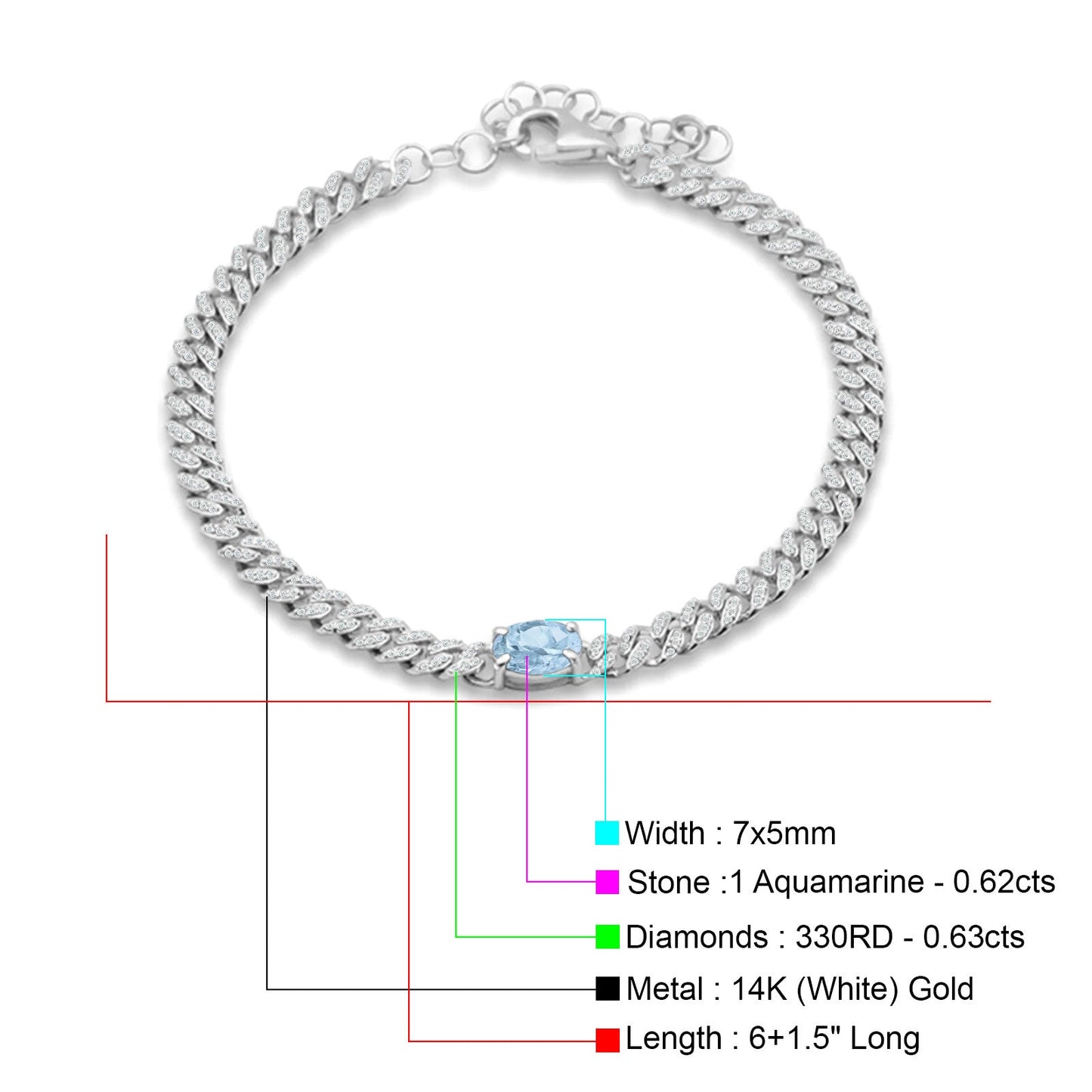 14K White Gold Oval Aquamarine Cluster Natural Diamond Cuban Link Chain Bracelet Wholesale