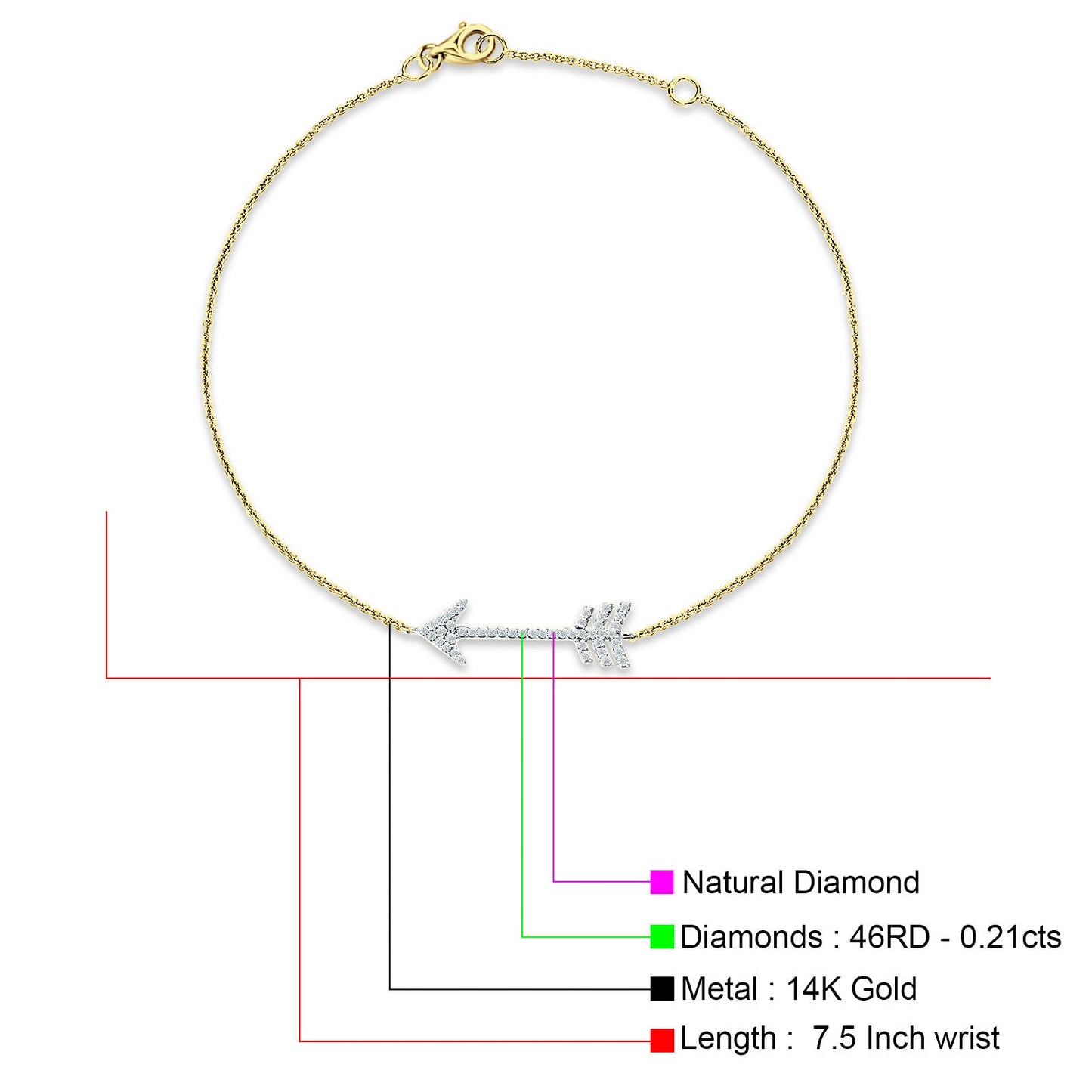 14K Yellow Gold 7.5" Link Chain Arrow Bracelet Round Natural Diamond Wholesale