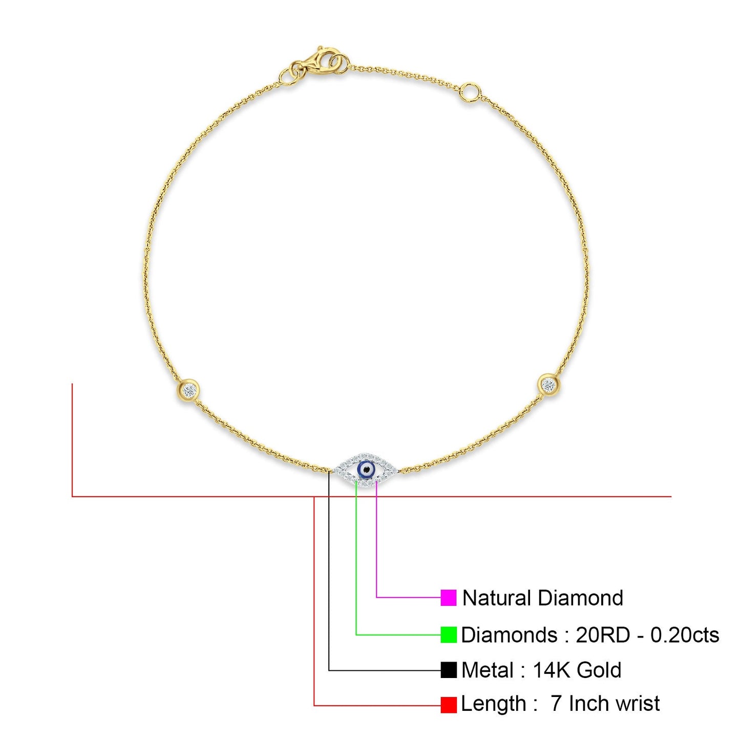 14K Yellow Gold 7" Link Chain Evil Eye Bracelet Round Natural Diamond Wholesale