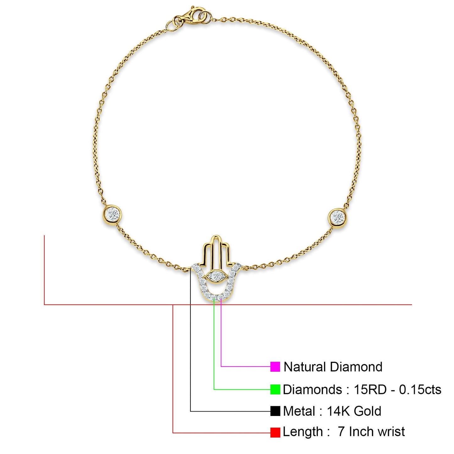 14K Yellow Gold 7" Hand Of Hamsa Bracelet Round Natural Diamond Wholesale