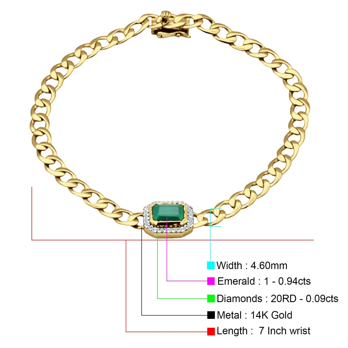 14K Yellow Gold 7Inches Link Chain Cuban Bracelet Green Emerald Cut Halo Diamond