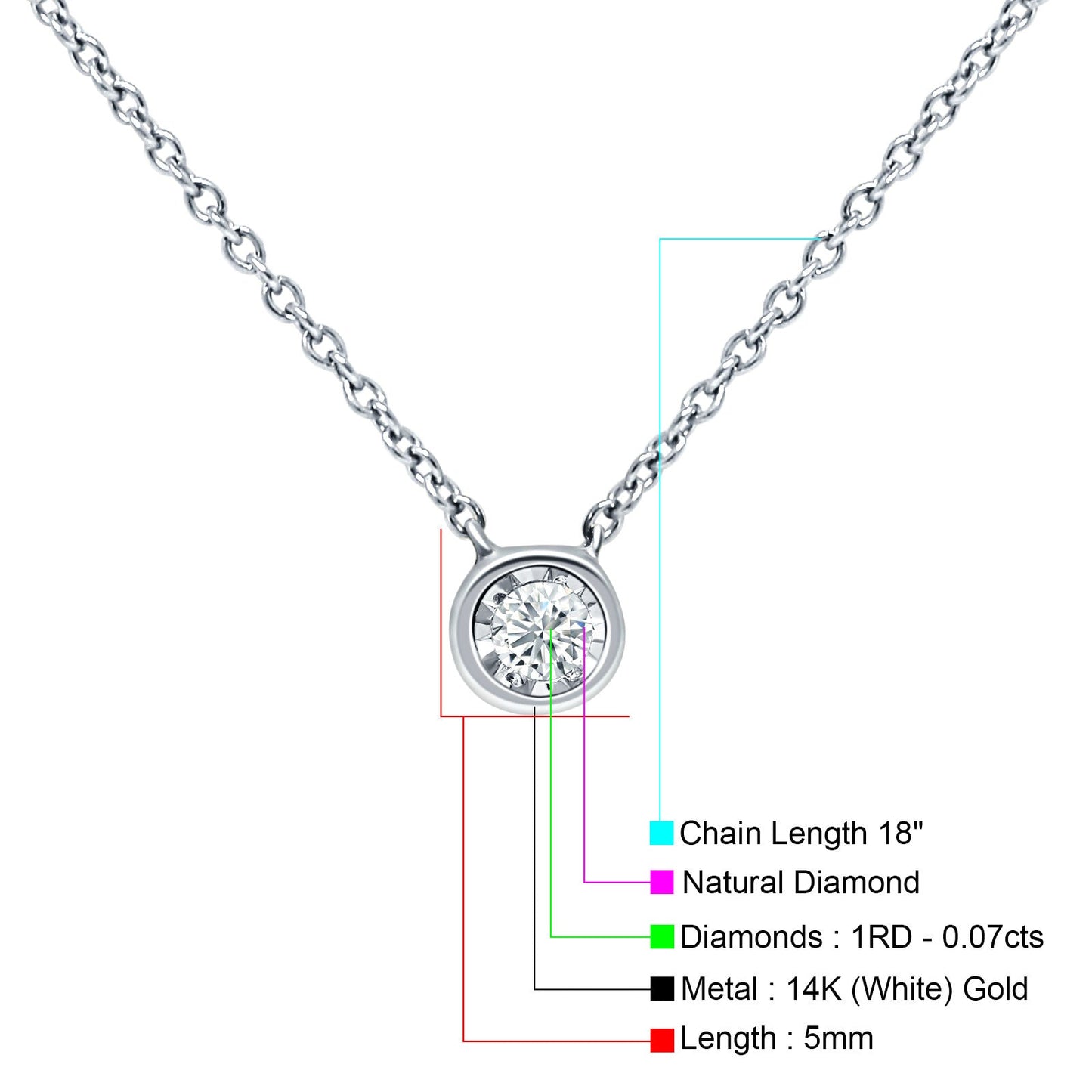 14K White Gold 0.07ct Solitaire Bezel Set Diamond Pendant Chain Necklace 18" Long Wholesale