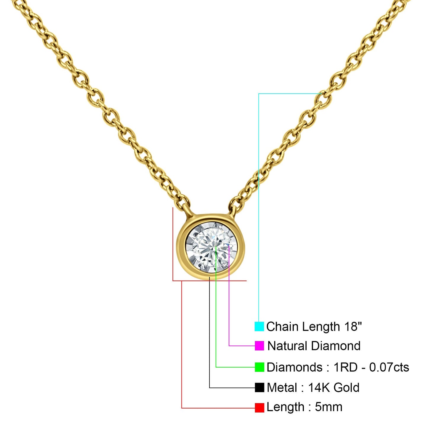 14K Yellow Gold 0.07ct Diamond Solitaire Pendant Necklace 18 inch Wholesale