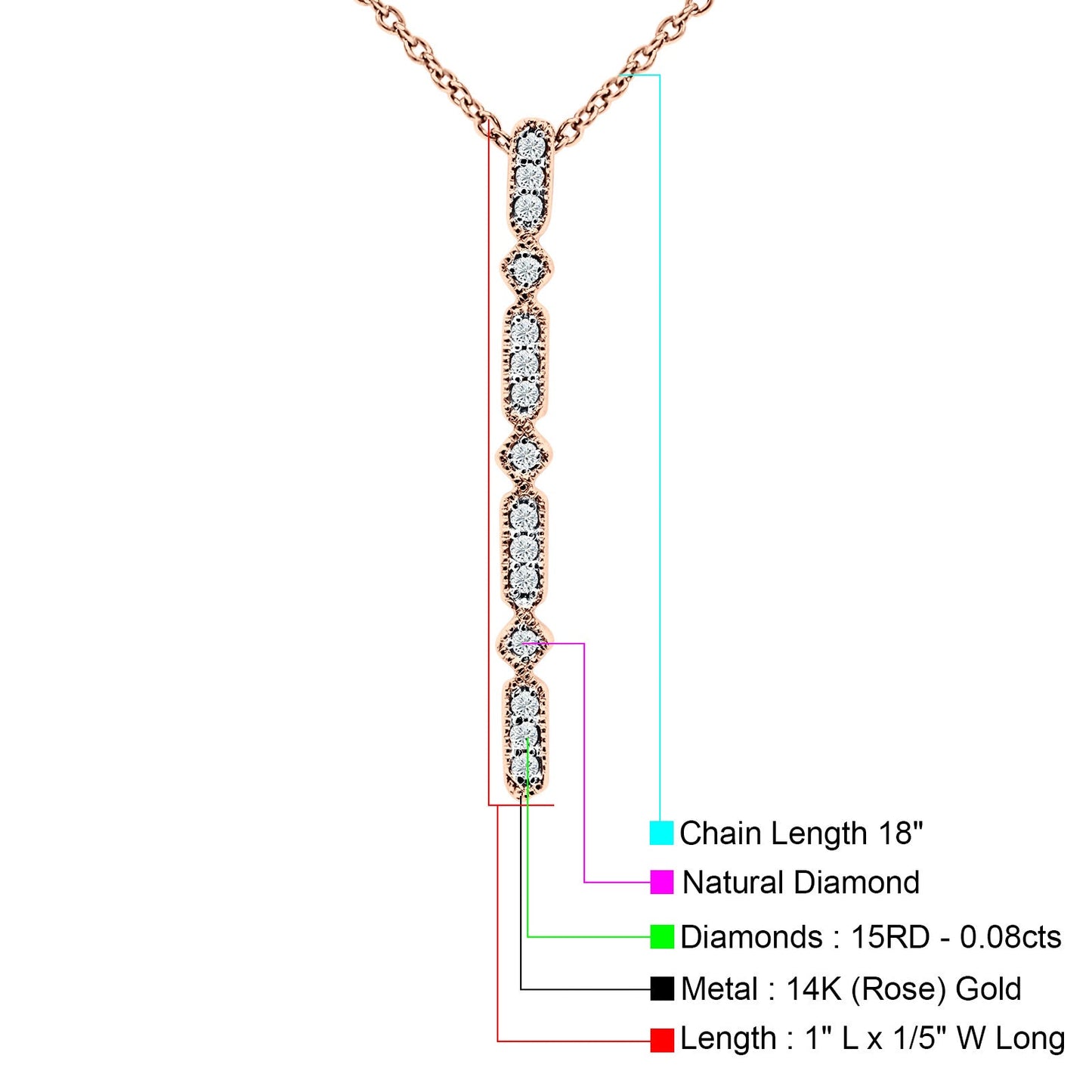 14K Rose Gold 0.08ct Diamond Drop Vertical Bar Pendant Chain Necklace 18" Long Wholesale