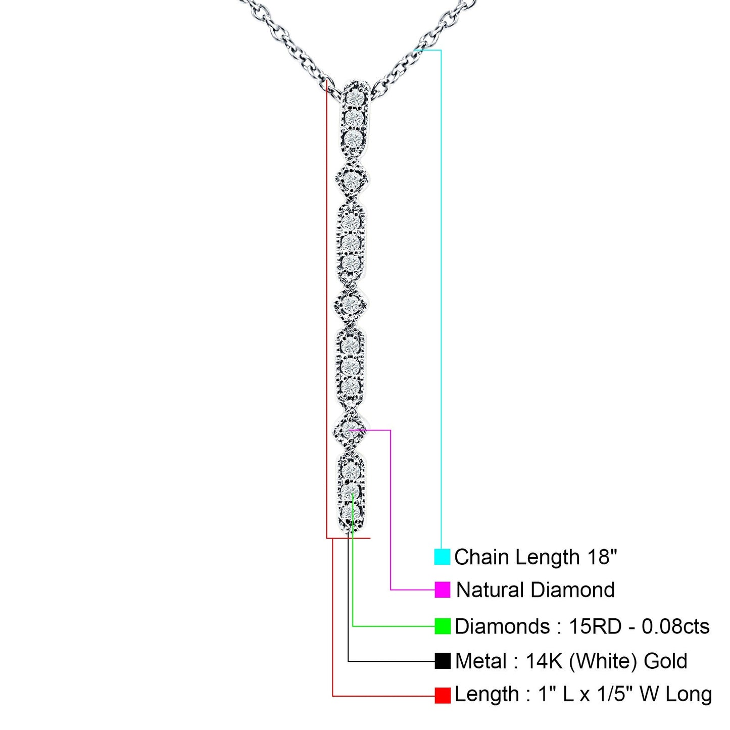 14K White Gold 0.08ct Diamond Drop Vertical Bar Pendant Chain Necklace 18" Long Wholesale