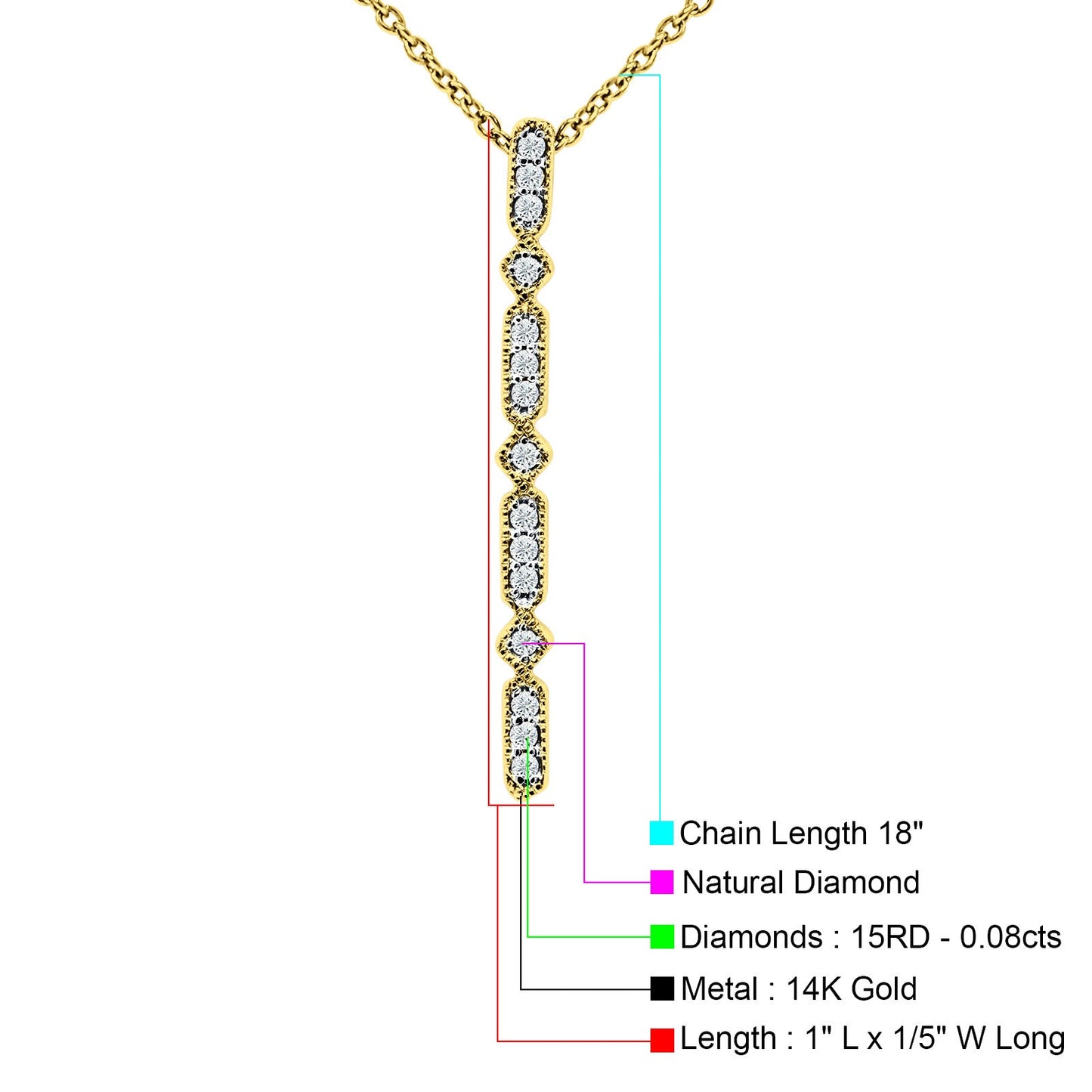 14K Yellow Gold 0.08ct Diamond Drop Vertical Bar Pendant Chain Necklace 18" Long Wholesale