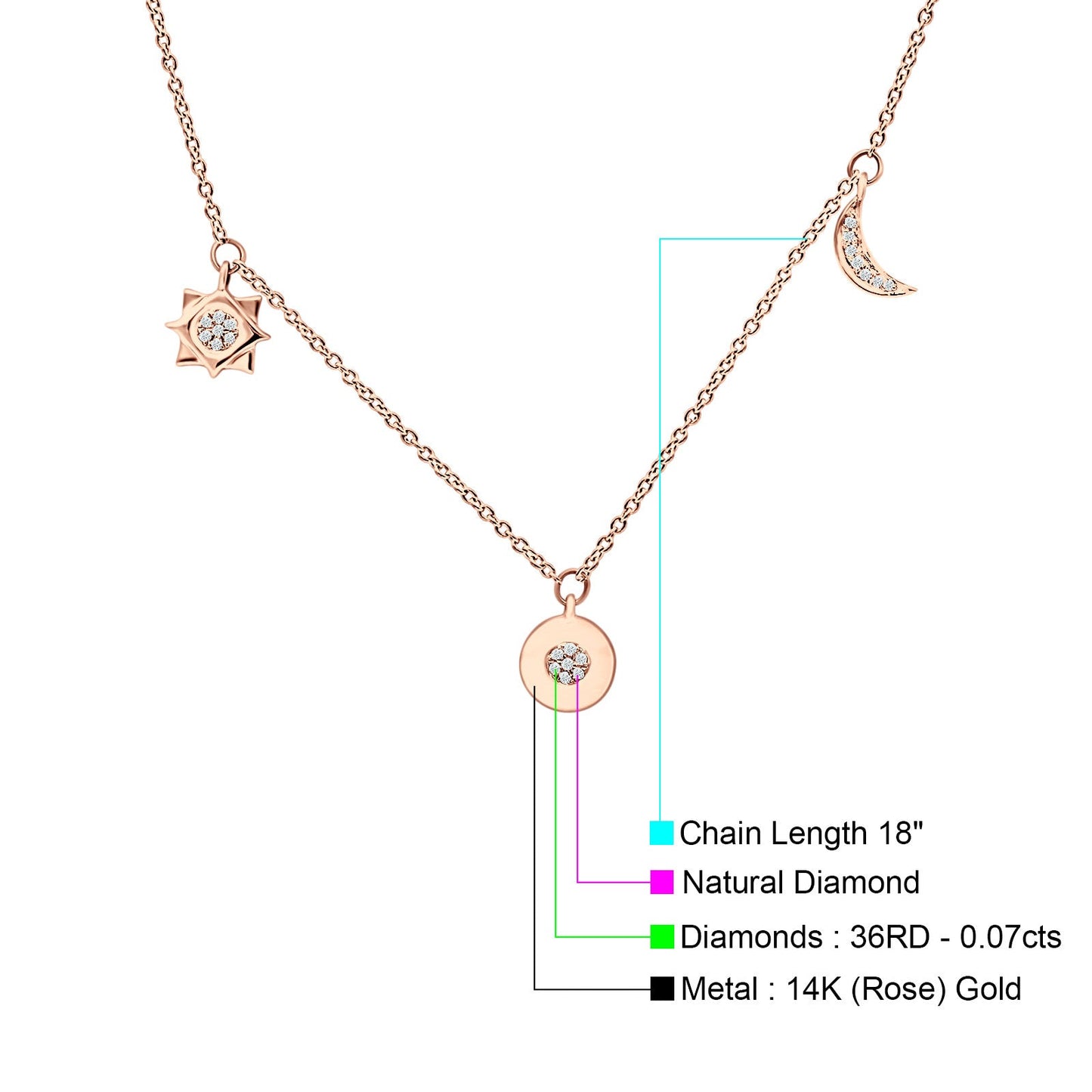 Dangling Moon Star Heart Diamond Necklace 14K Rose Gold 0.07ct Wholesale