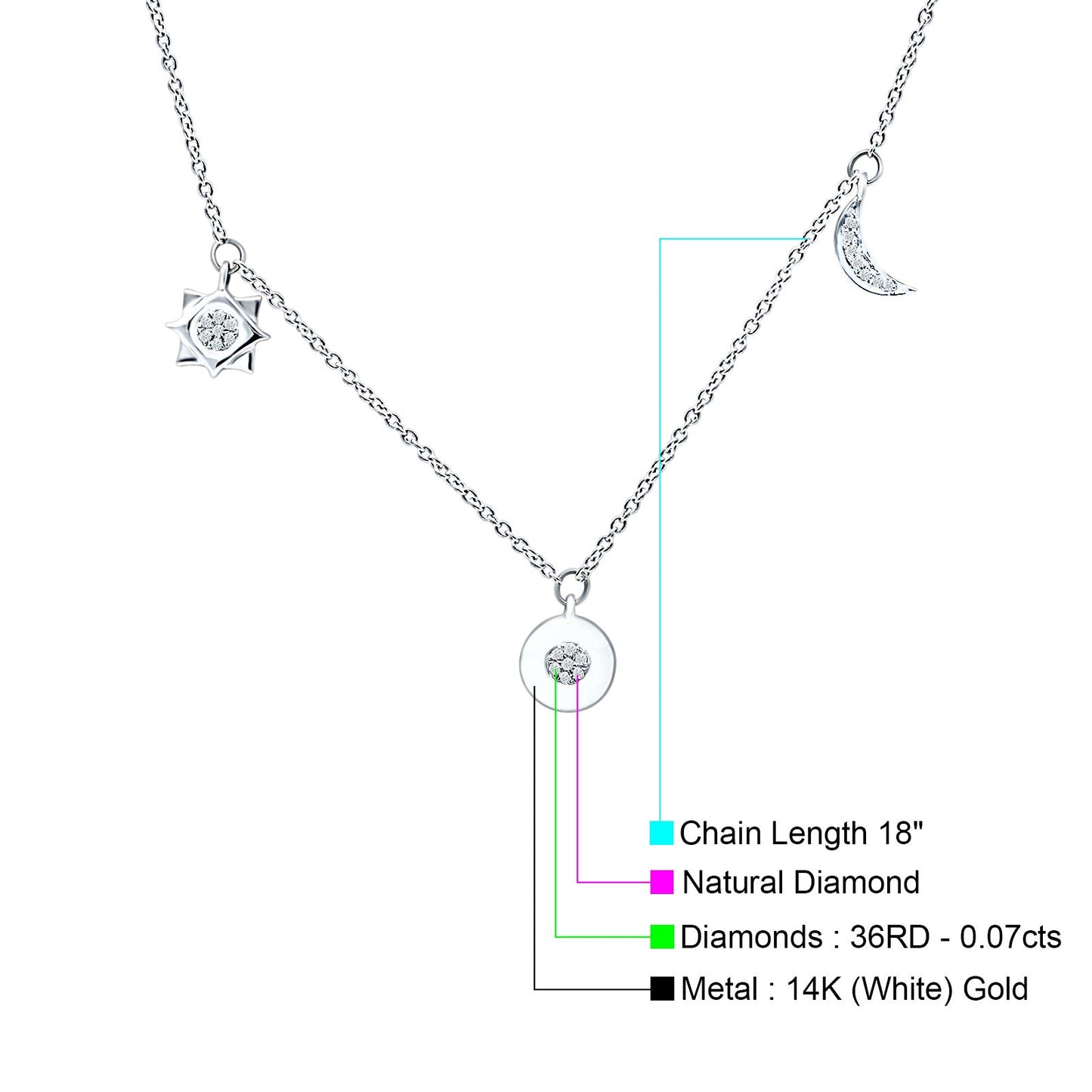 Dangling Moon Star Heart Diamond Necklace 14K White Gold 0.07ct Wholesale