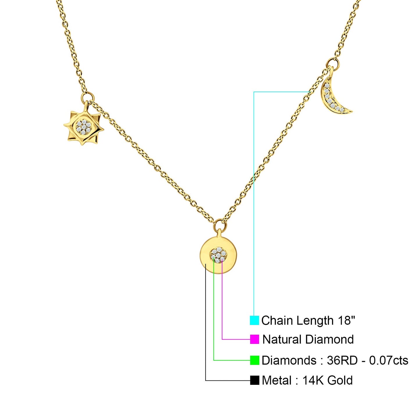 Dangling Moon Star Heart Diamond Necklace 14K Yellow Gold 0.07ct Wholesale