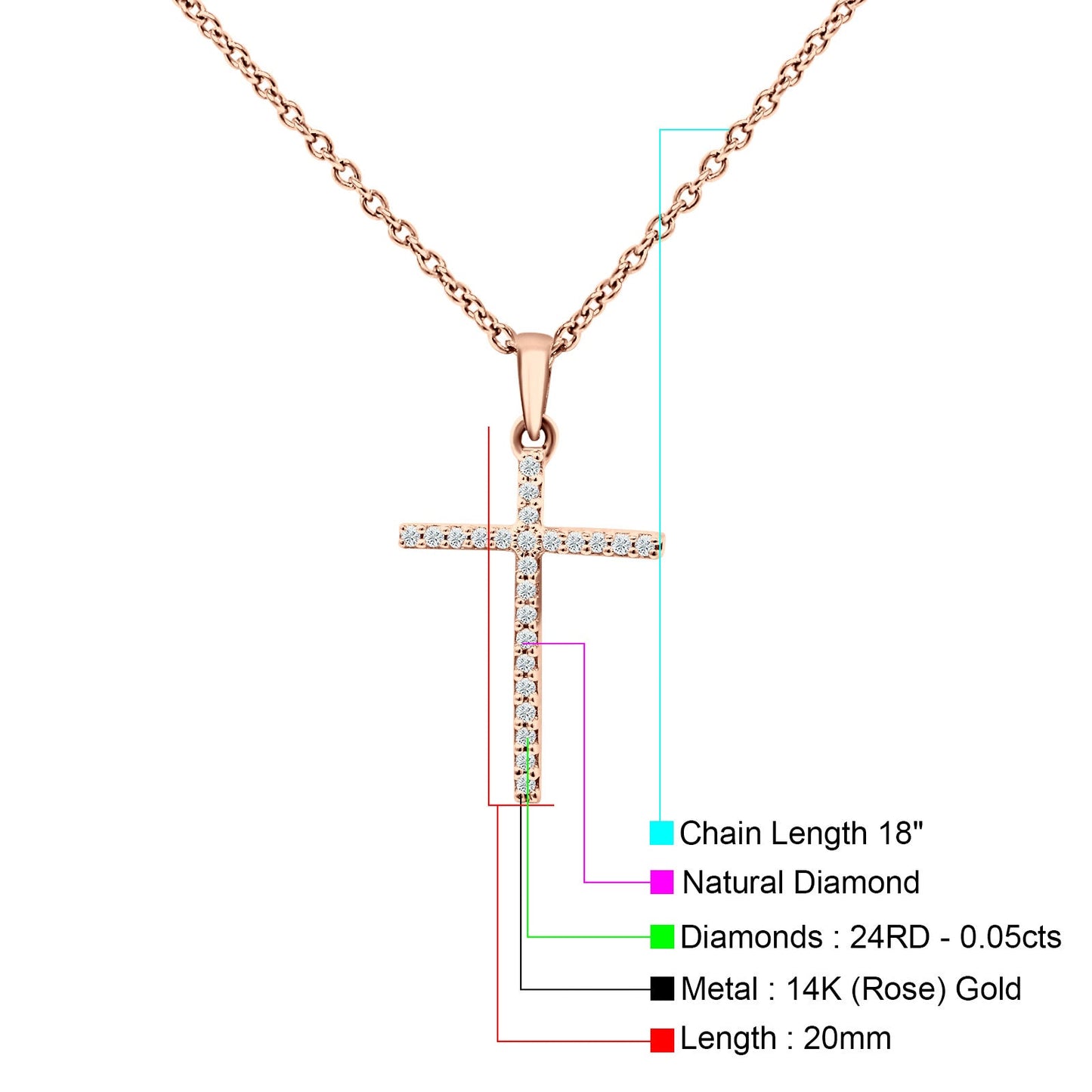 14K Rose Gold 0.05ct Diamond Cross Pendant Necklace 18" Long Wholesale