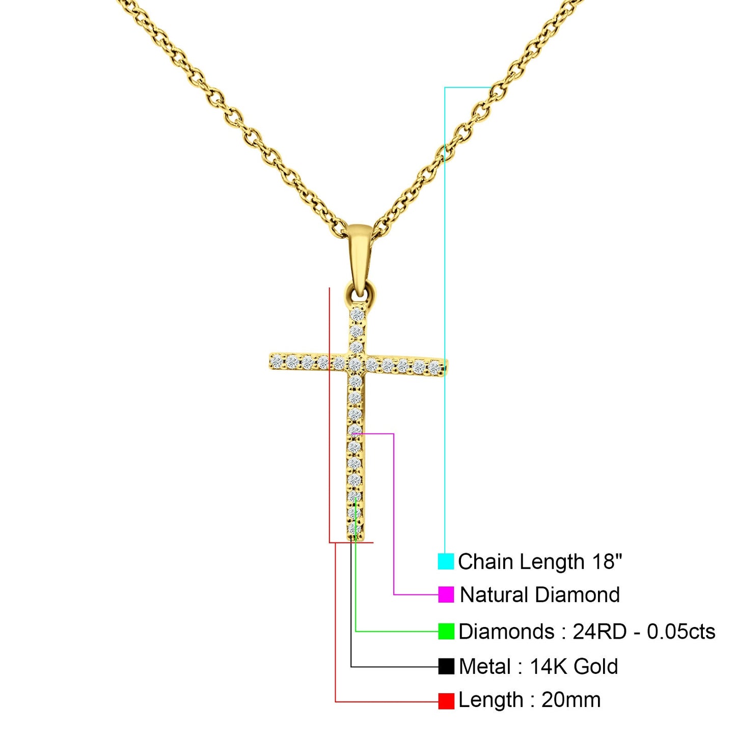 14K Yellow Gold 0.05ct Diamond Cross Pendant Necklace 18" Long Wholesale