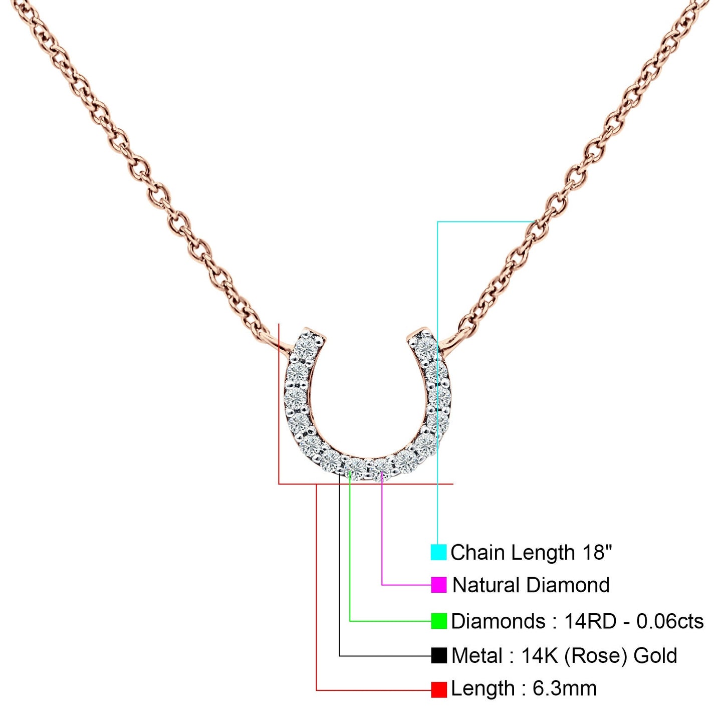 14K Rose Gold 0.06ct Diamond Horseshoe Pendant Necklace 18" Long Wholesale