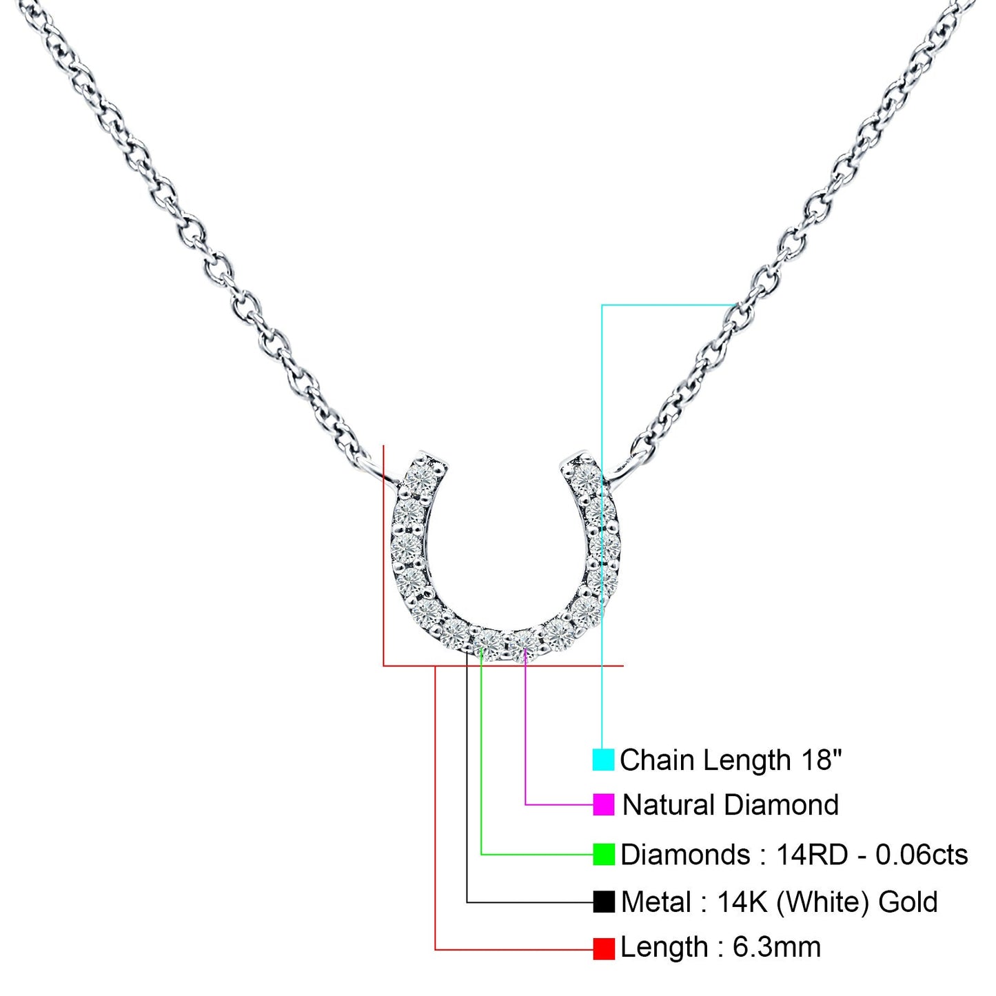 14K White Gold 0.06ct Diamond Horseshoe Pendant Necklace 18" Long Wholesale