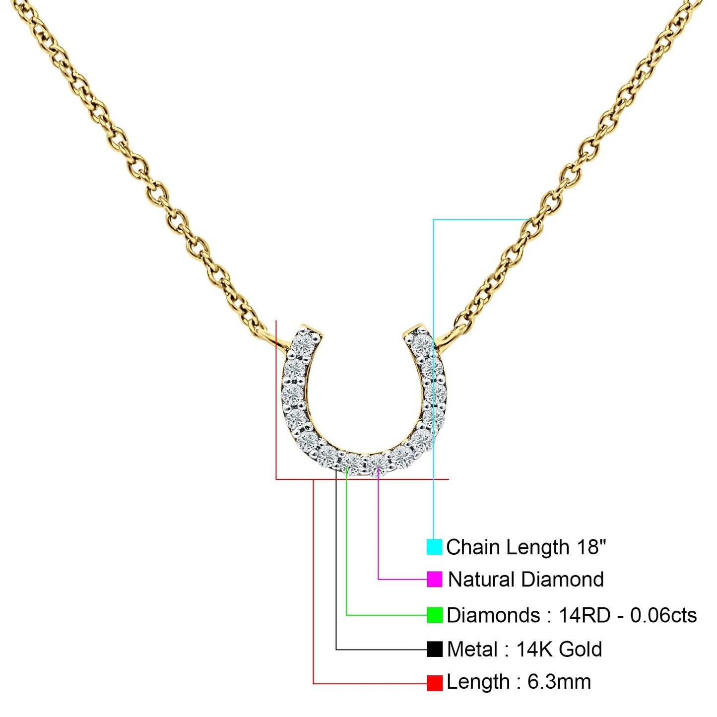 14K Yellow Gold 0.06ct Diamond Horseshoe Necklace 18 inch Long Wholesale